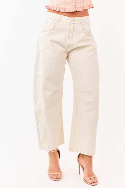 Cream High Rise Barrel Leg Cropped Length Jeans