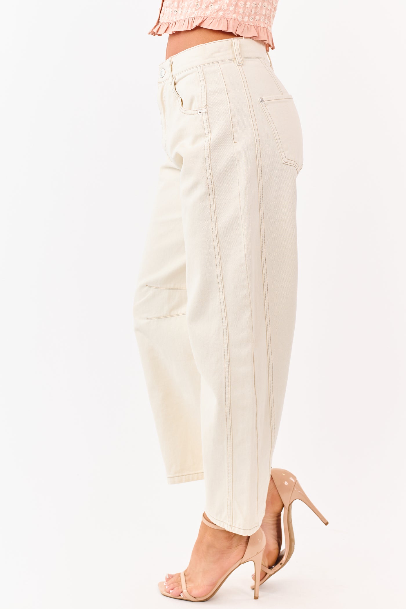 Cream High Rise Barrel Leg Cropped Length Jeans