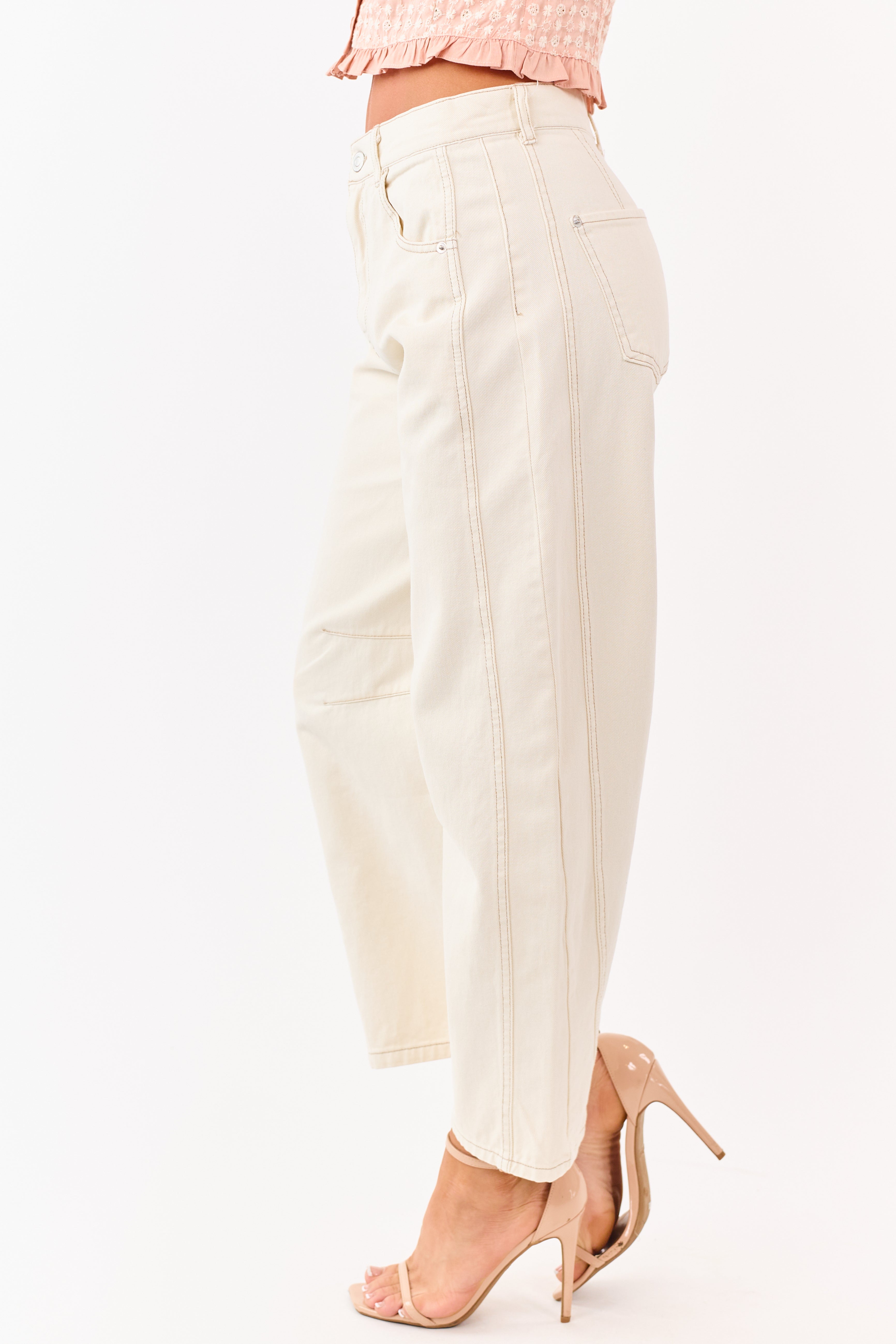 Cream High Rise Barrel Leg Cropped Length Jeans