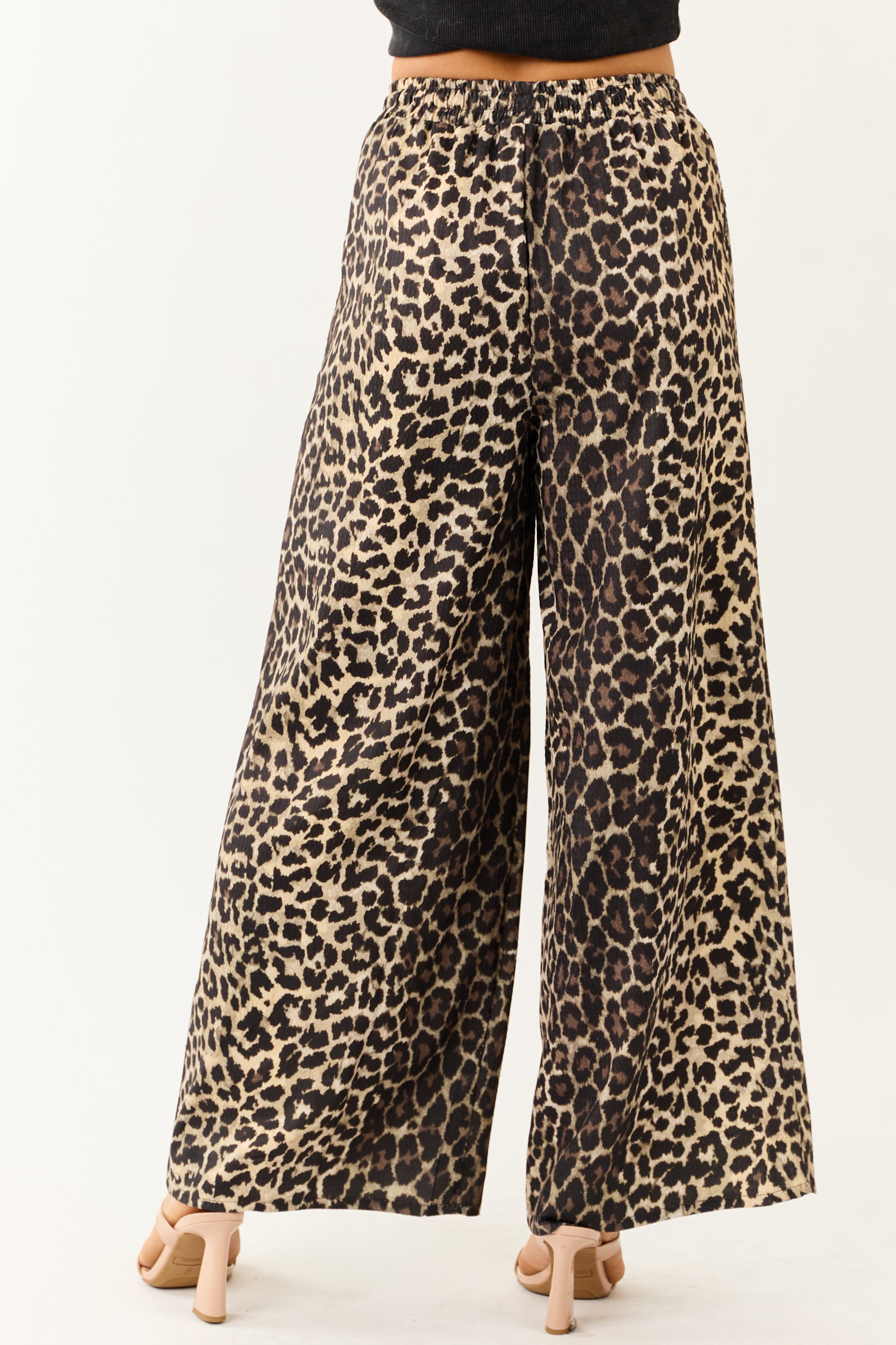 Cream High Waisted Leopard Print Wide Leg Pants