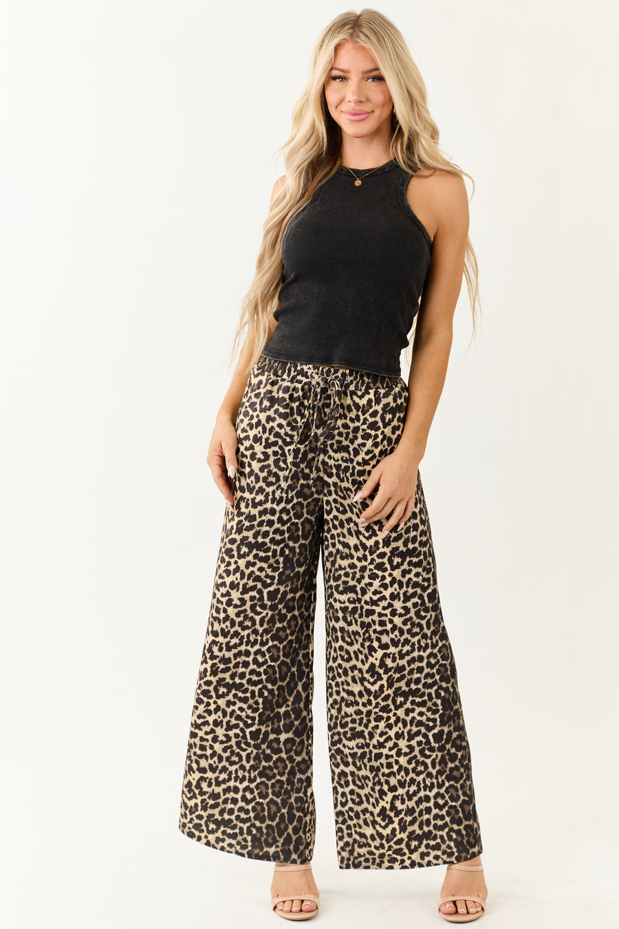 Cream High Waisted Leopard Print Wide Leg Pants