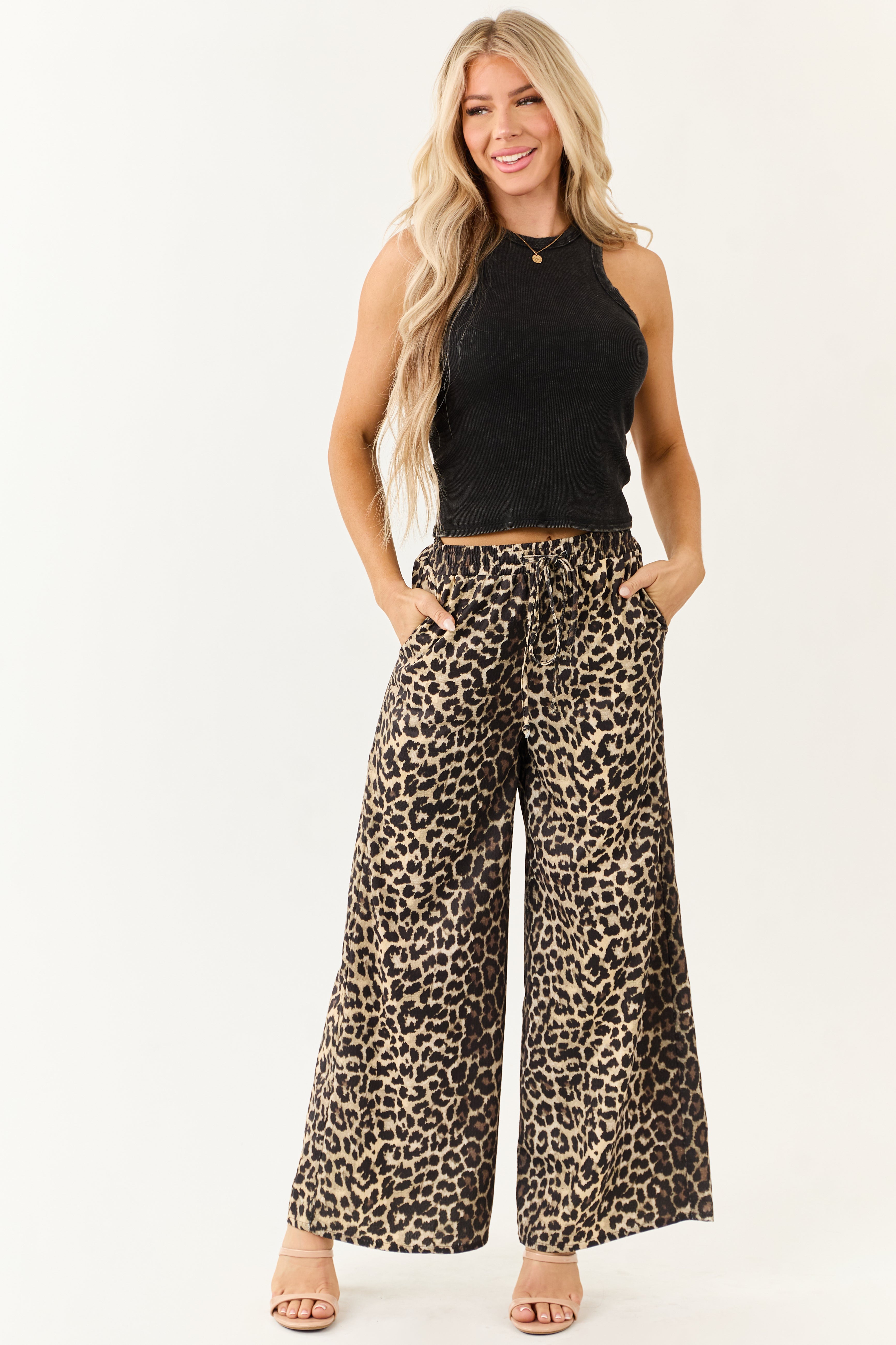 Cream High Waisted Leopard Print Wide Leg Pants