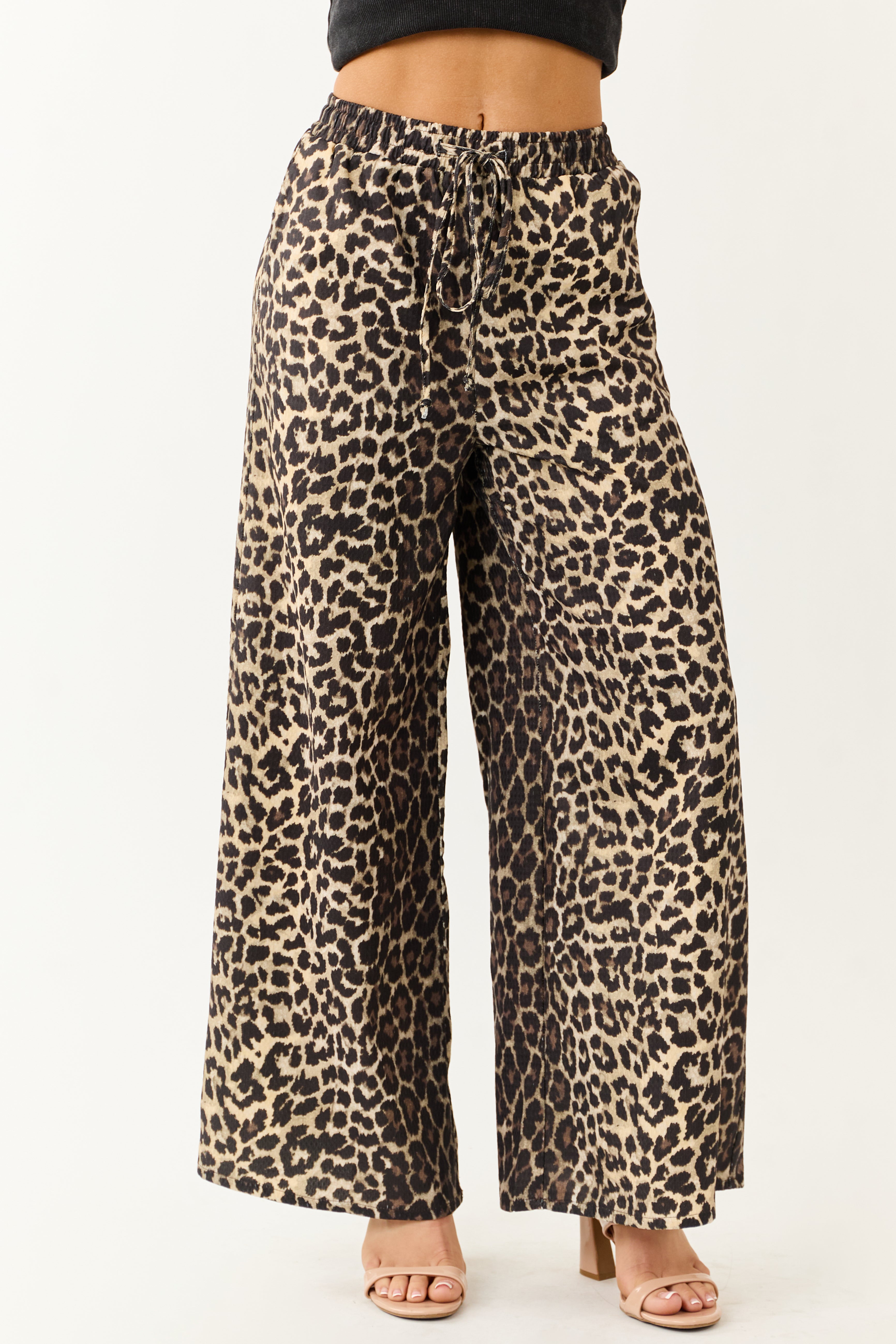 Cream High Waisted Leopard Print Wide Leg Pants