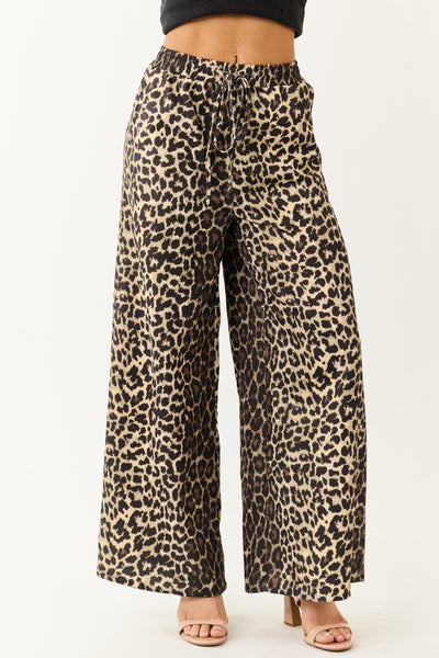 Cream High Waisted Leopard Print Wide Leg Pants
