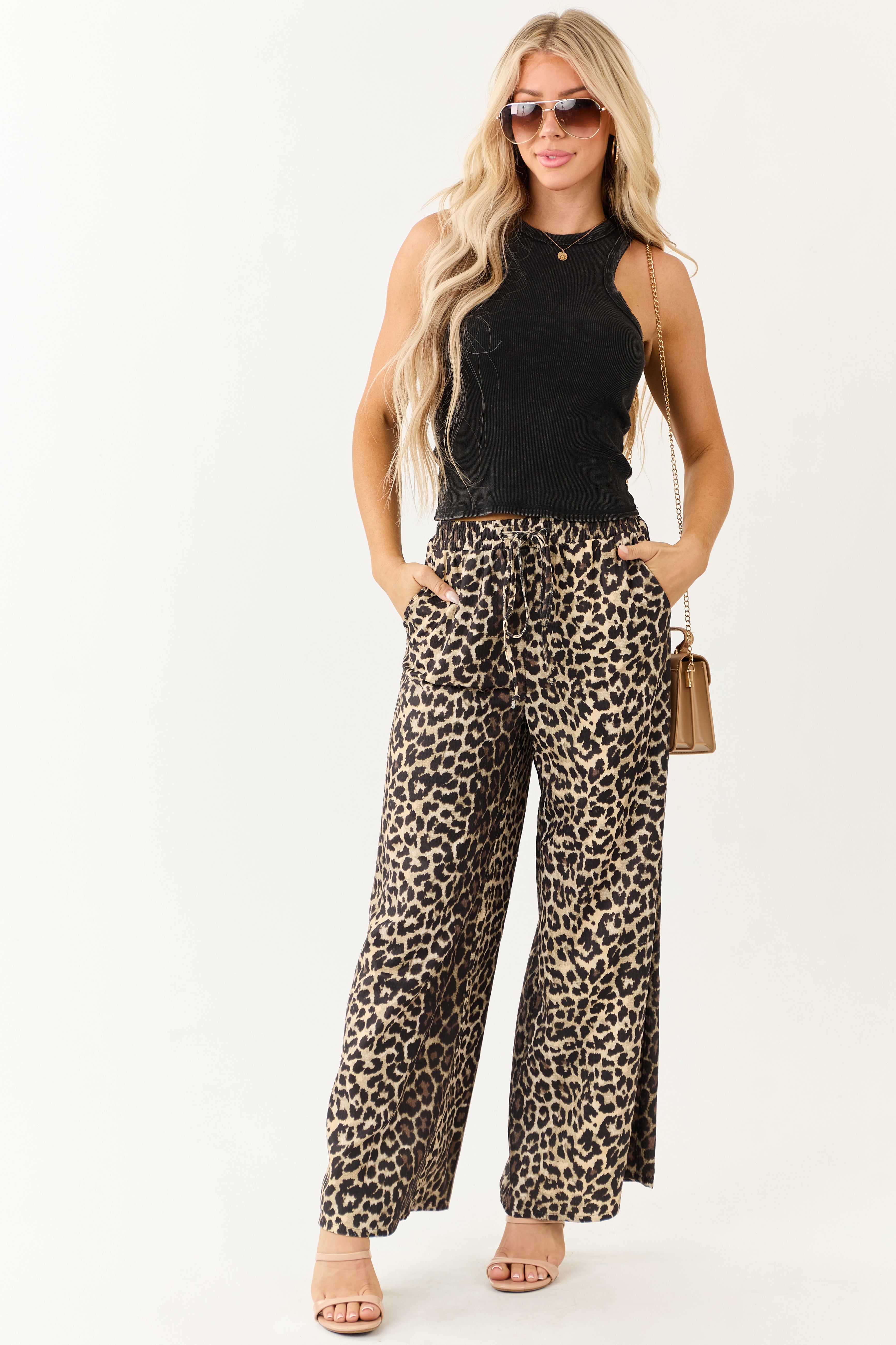 Cream High Waisted Leopard Print Wide Leg Pants