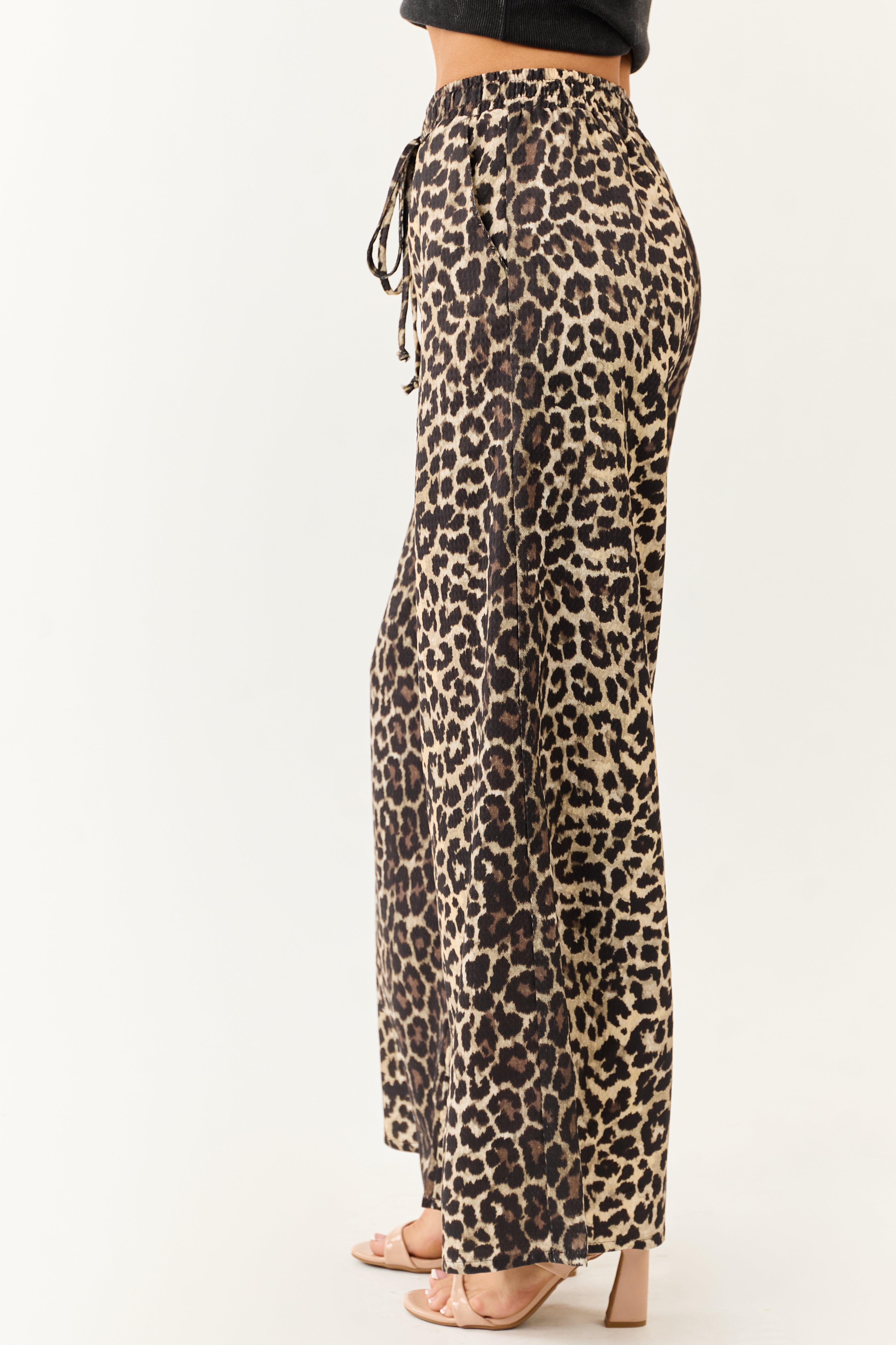 Cream High Waisted Leopard Print Wide Leg Pants