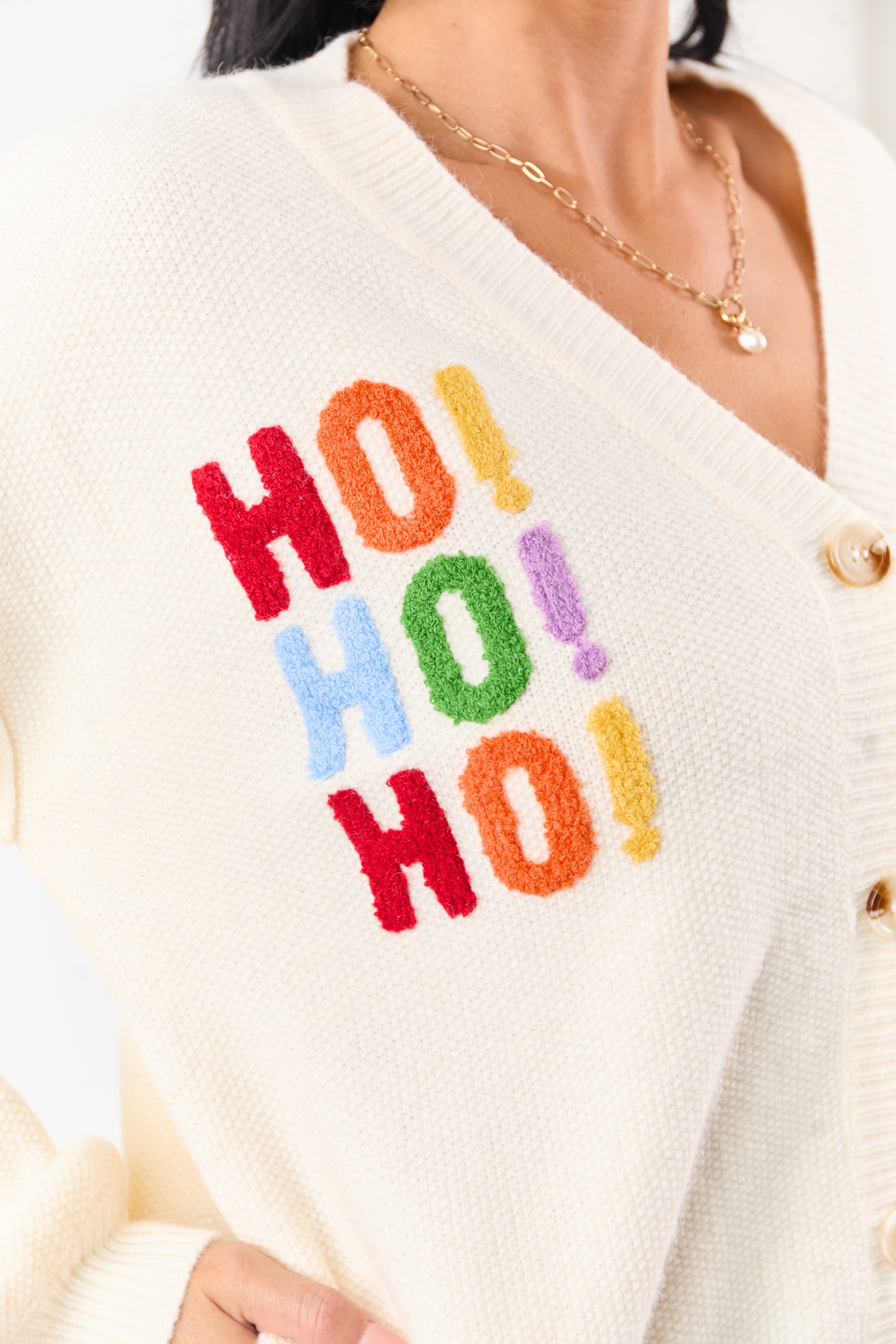 Cream 'Ho Ho Ho' Lettering Sweater Cardigan