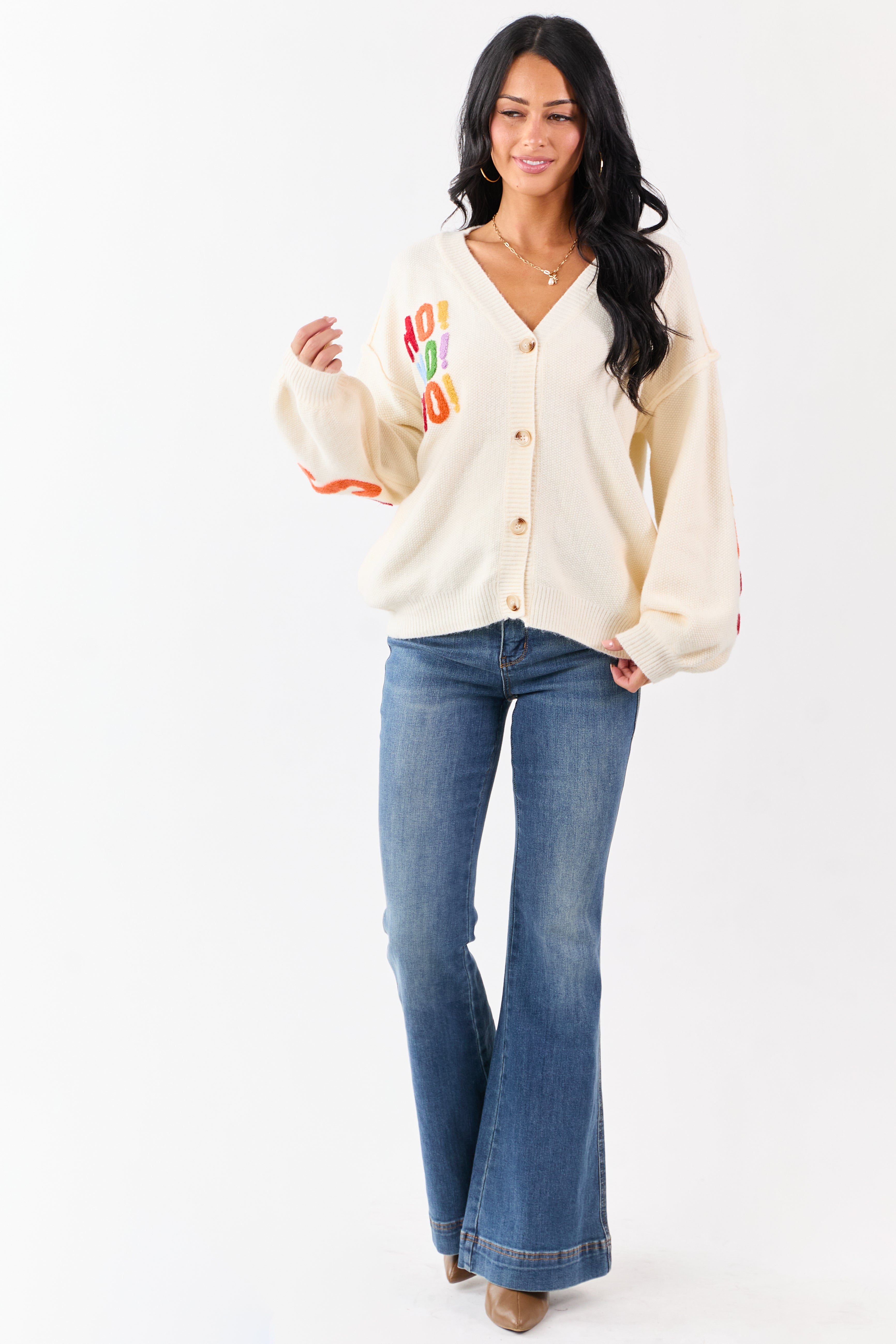 Cream 'Ho Ho Ho' Lettering Sweater Cardigan