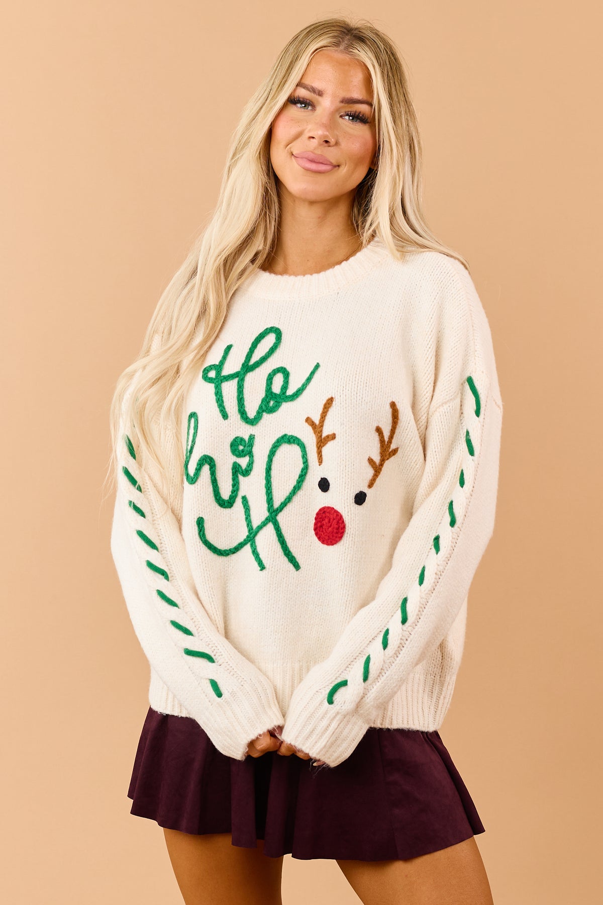 Cream 'Ho Ho Ho' Rudolph Yarn Embroidered Sweater