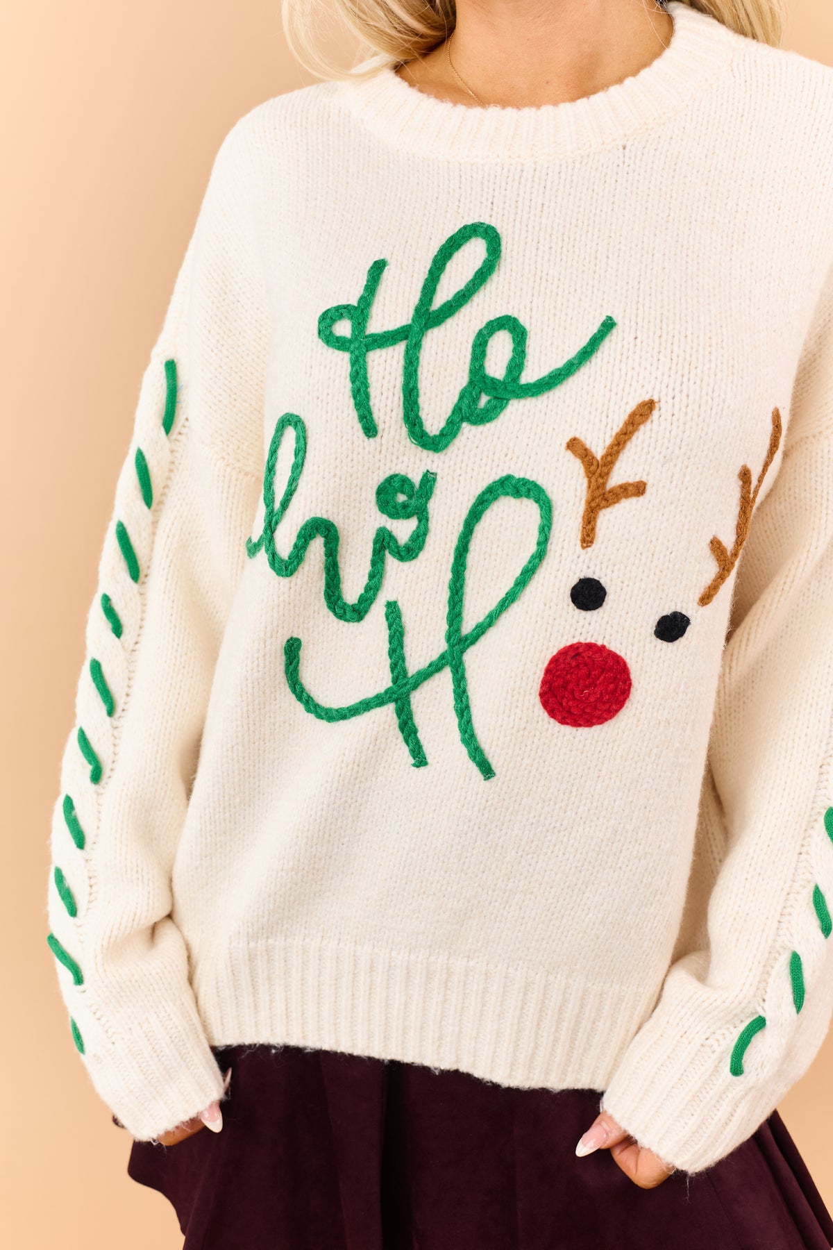 Cream 'Ho Ho Ho' Rudolph Yarn Embroidered Sweater