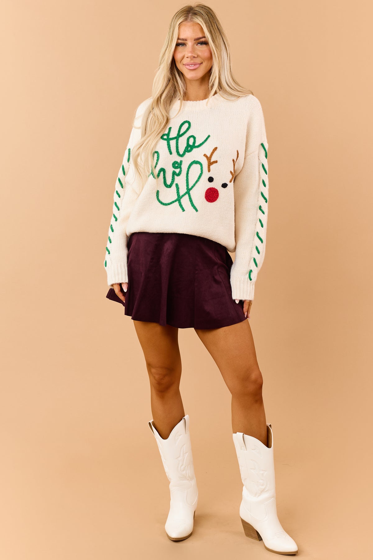 Cream 'Ho Ho Ho' Rudolph Yarn Embroidered Sweater