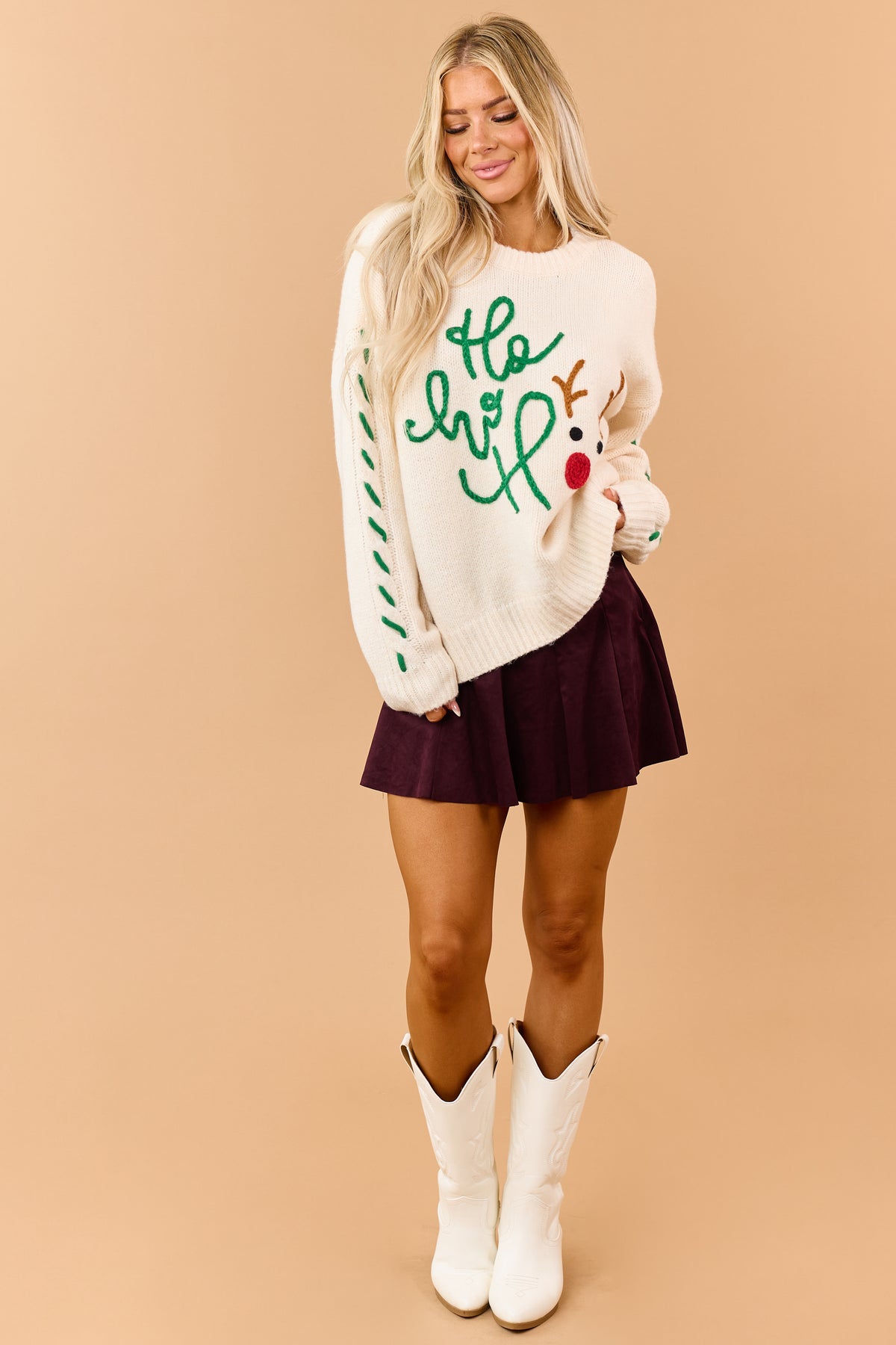 Cream 'Ho Ho Ho' Rudolph Yarn Embroidered Sweater
