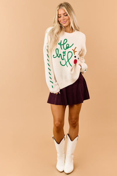 Cream 'Ho Ho Ho' Rudolph Yarn Embroidered Sweater