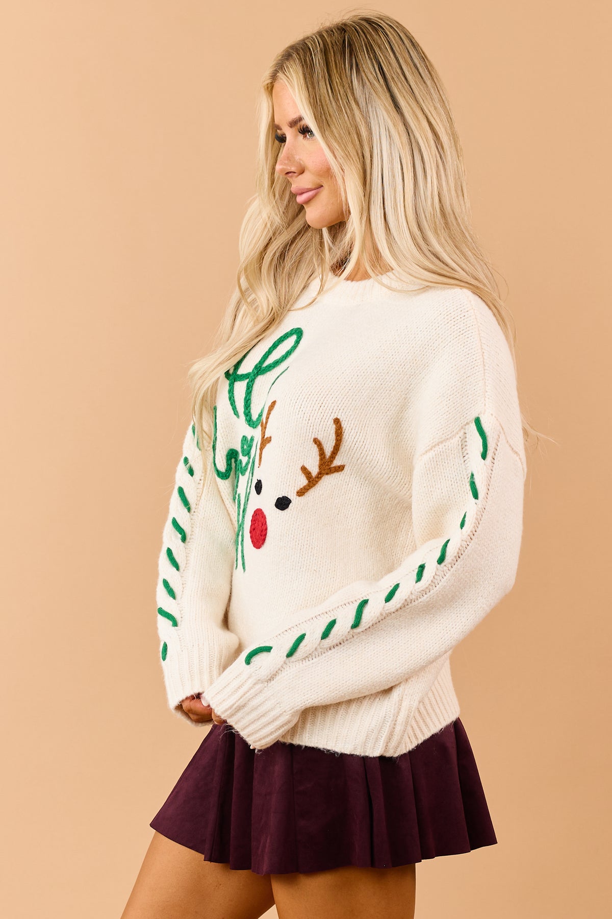 Cream 'Ho Ho Ho' Rudolph Yarn Embroidered Sweater