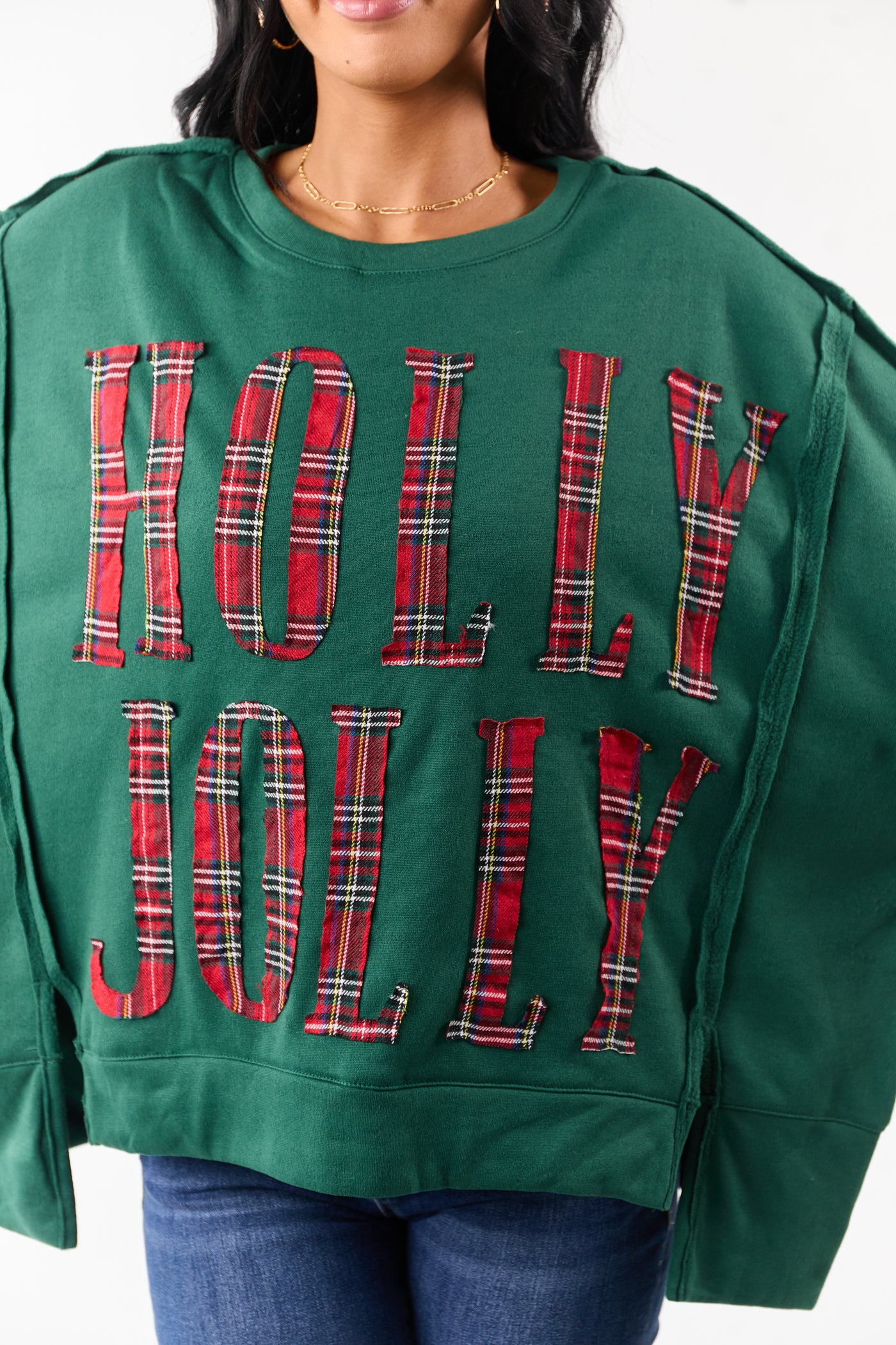 Hunter Green 'Holly Jolly' Plaid Lettering Fleece Top
