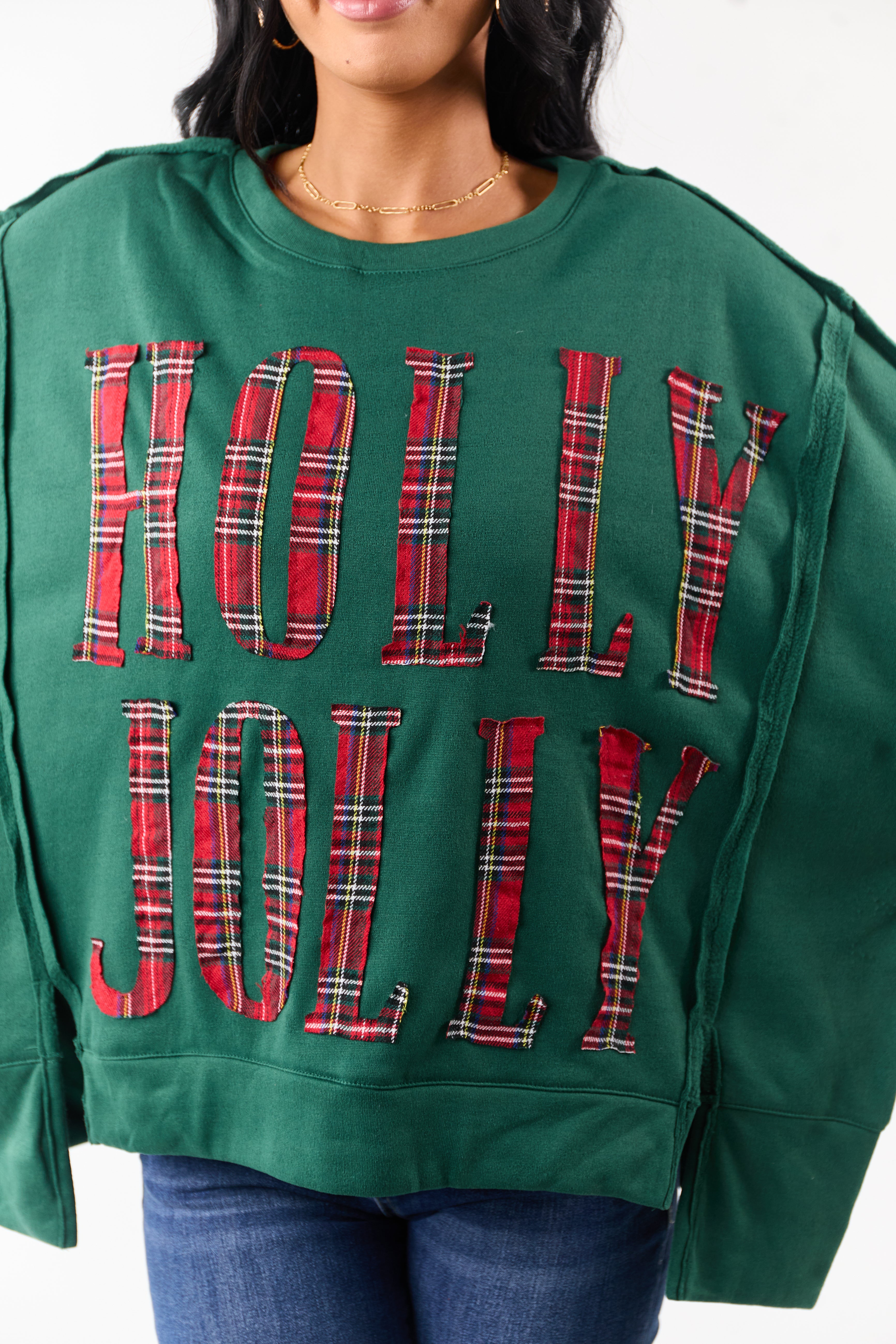 Hunter Green 'Holly Jolly' Plaid Lettering Fleece Top
