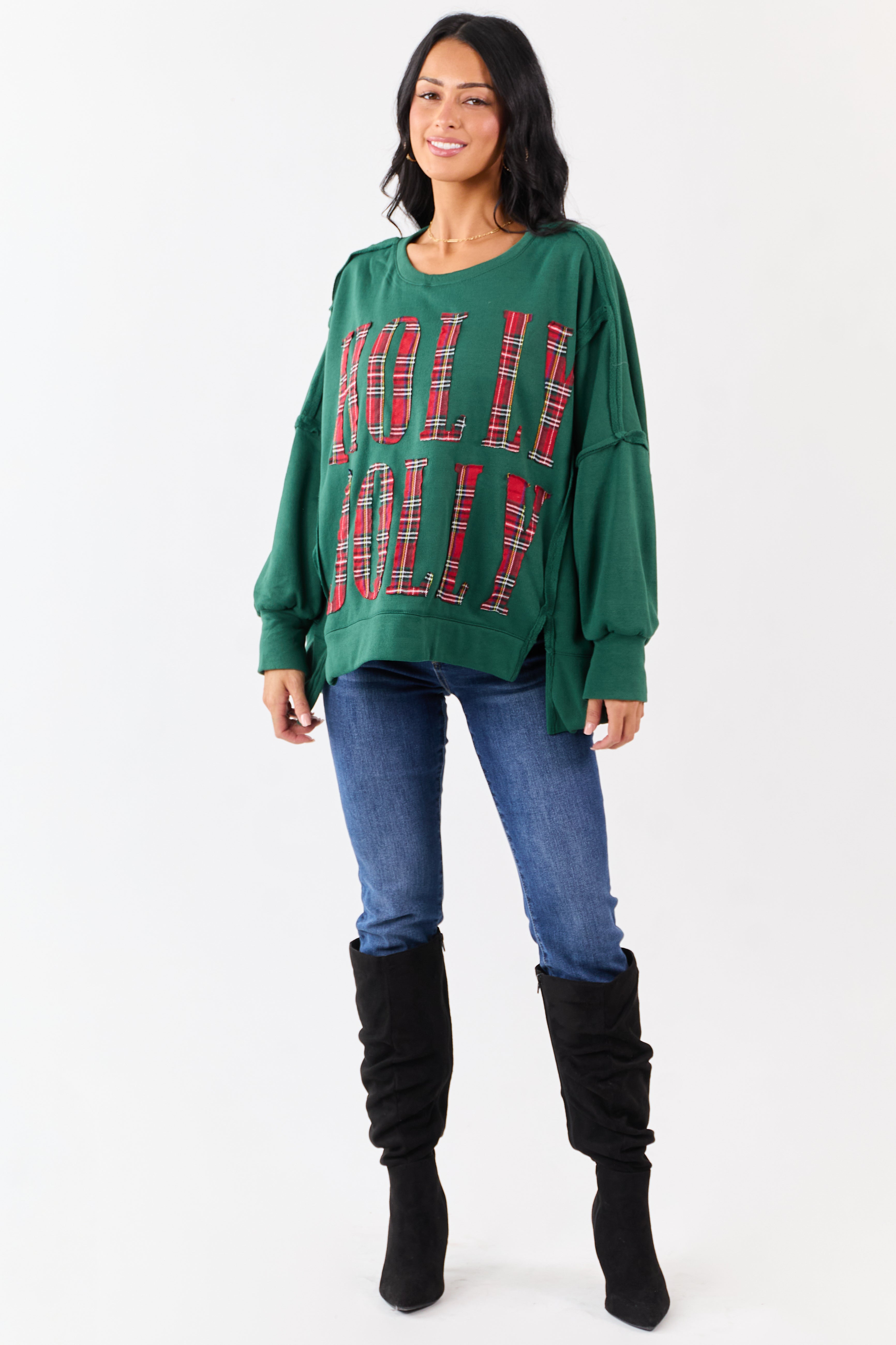 Hunter Green 'Holly Jolly' Plaid Lettering Fleece Top