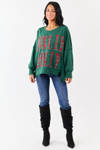 Hunter Green 'Holly Jolly' Plaid Lettering Fleece Top