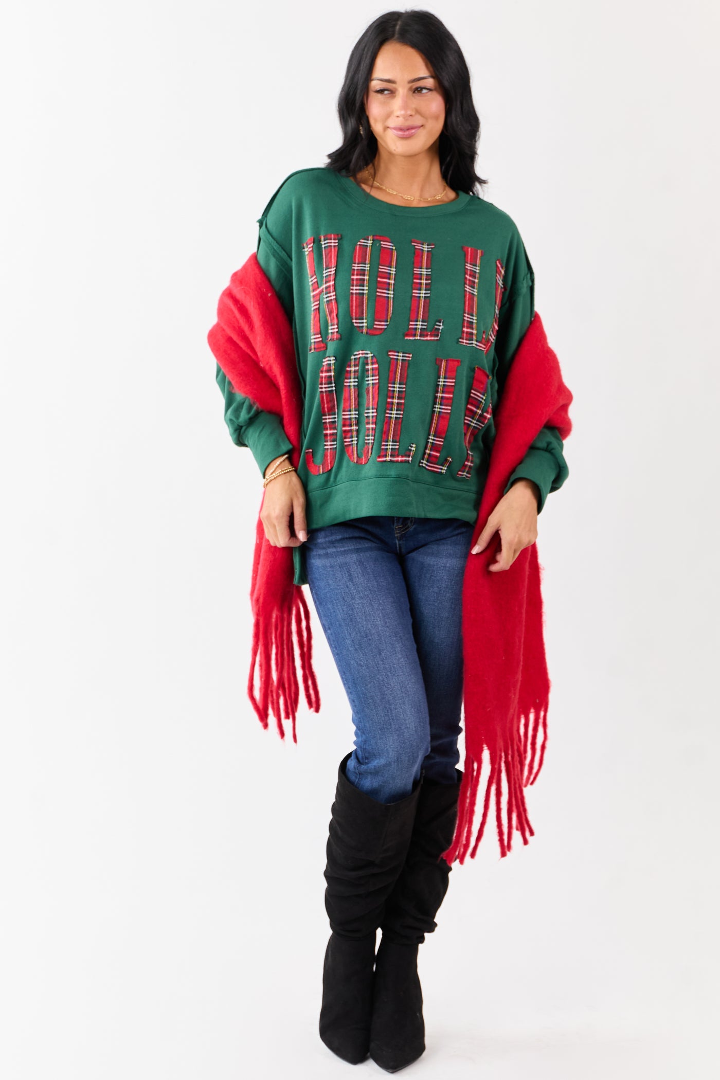 Hunter Green 'Holly Jolly' Plaid Lettering Fleece Top