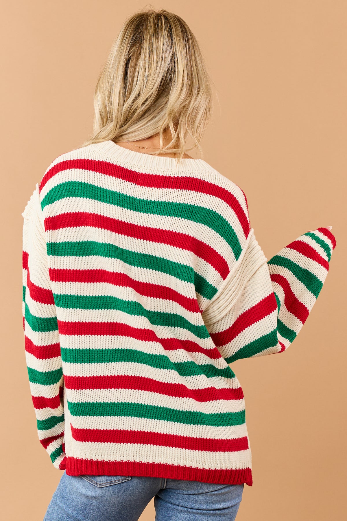 Cream Holiday Striped Ribbed Trim Pullover Sweater