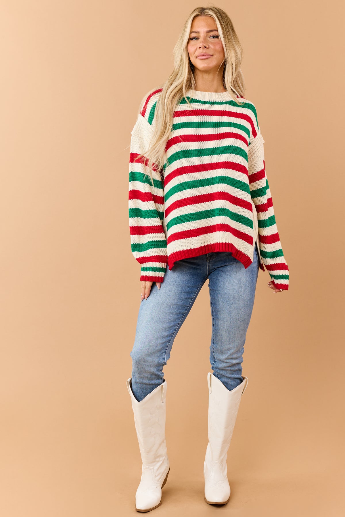 Cream Holiday Striped Ribbed Trim Pullover Sweater