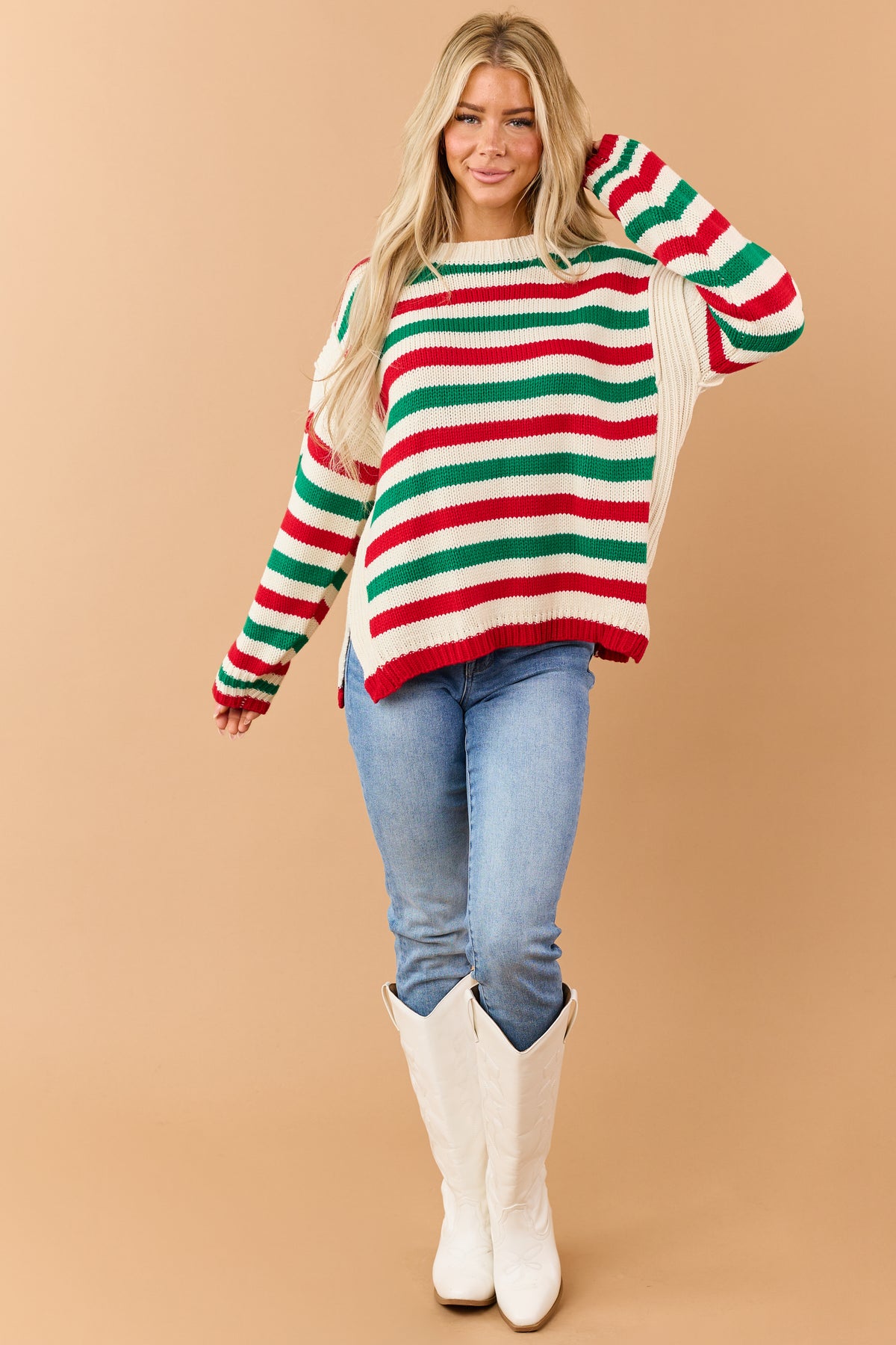 Cream Holiday Striped Ribbed Trim Pullover Sweater