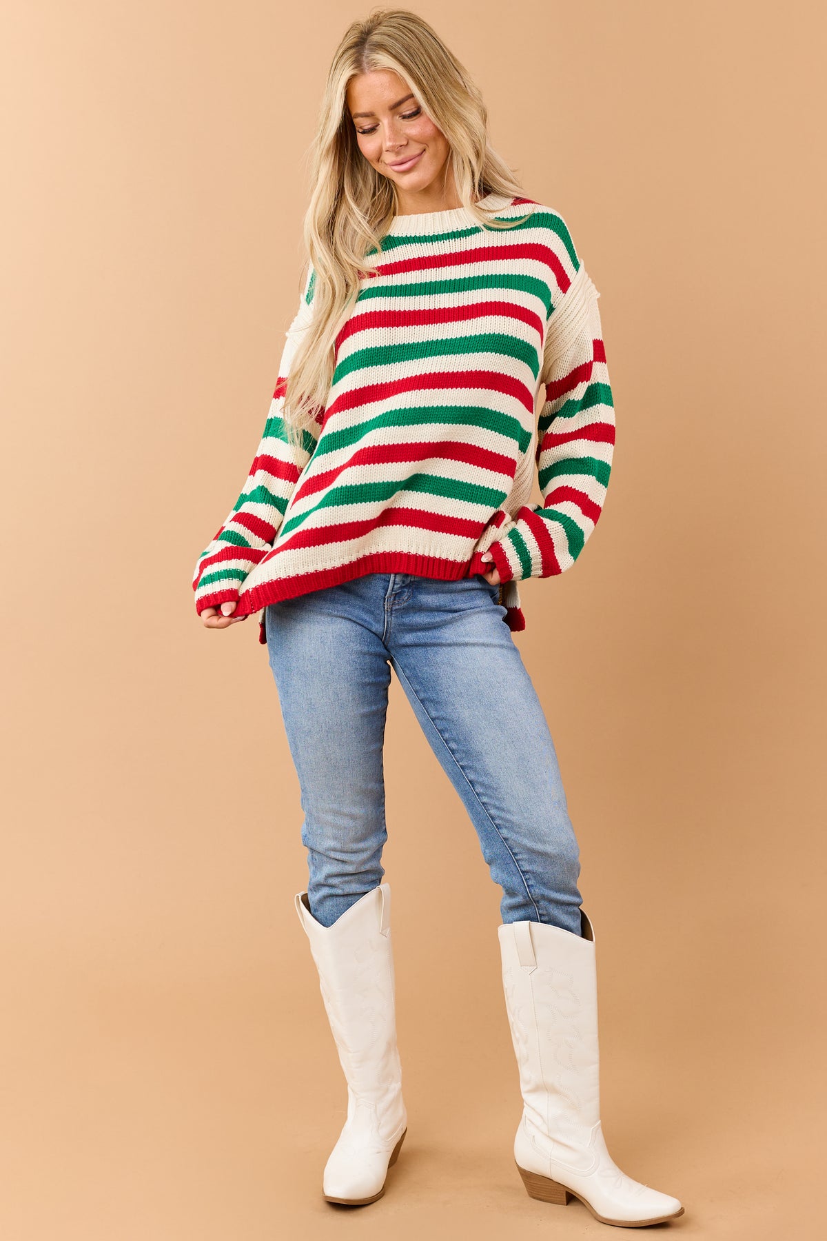 Cream Holiday Striped Ribbed Trim Pullover Sweater