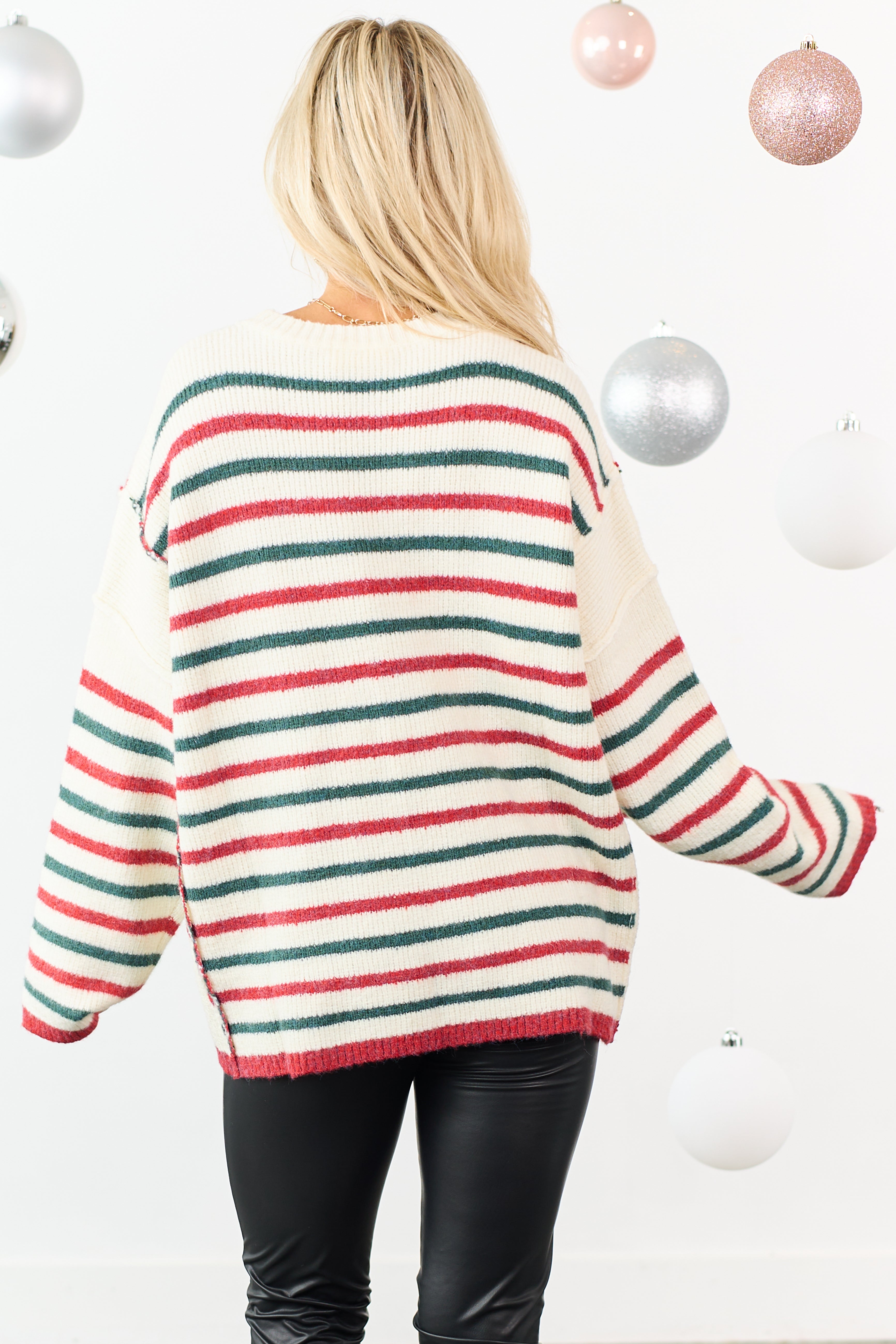 Cream Holiday Striped Wool Blend Knit Sweater