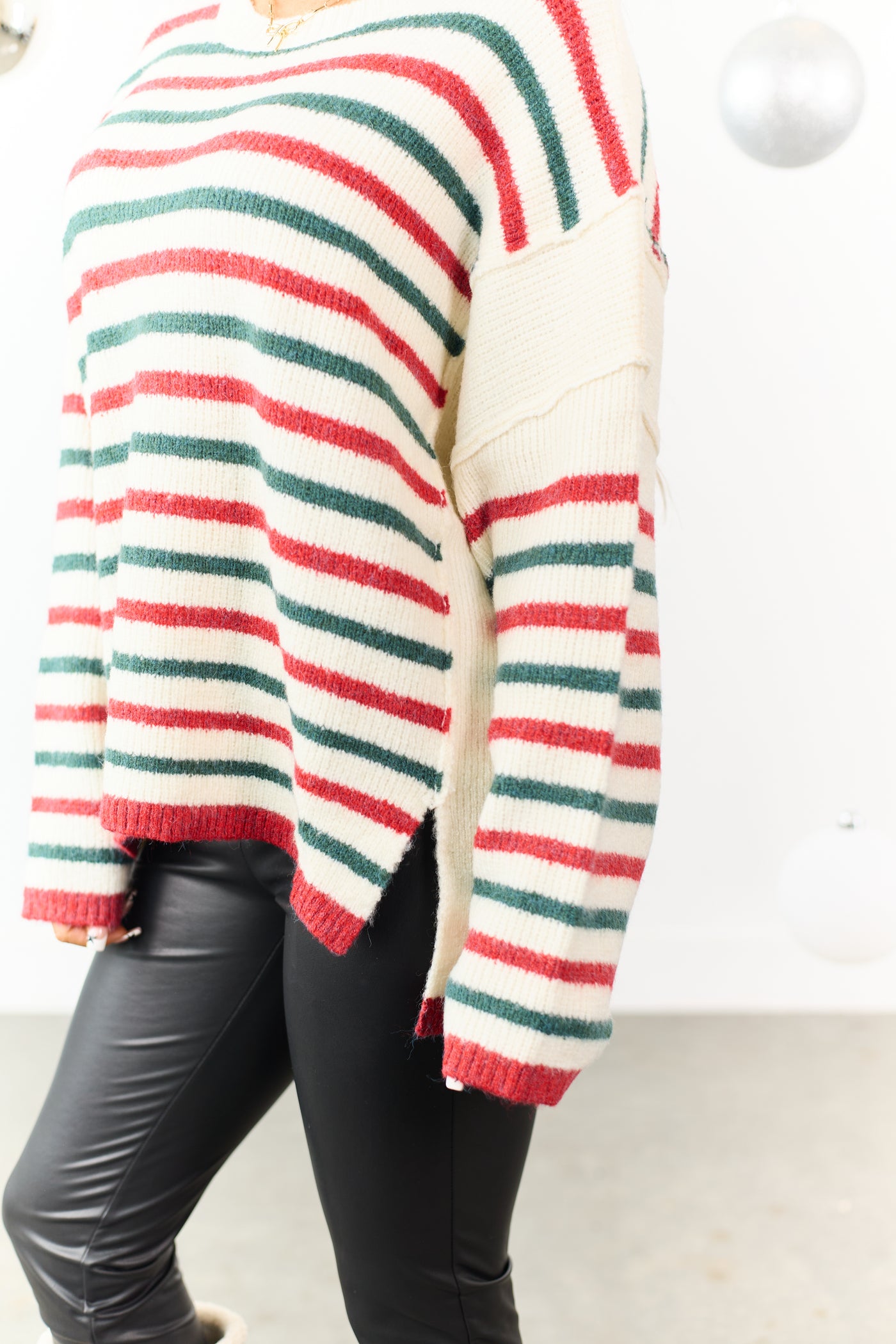 Cream Holiday Striped Wool Blend Knit Sweater