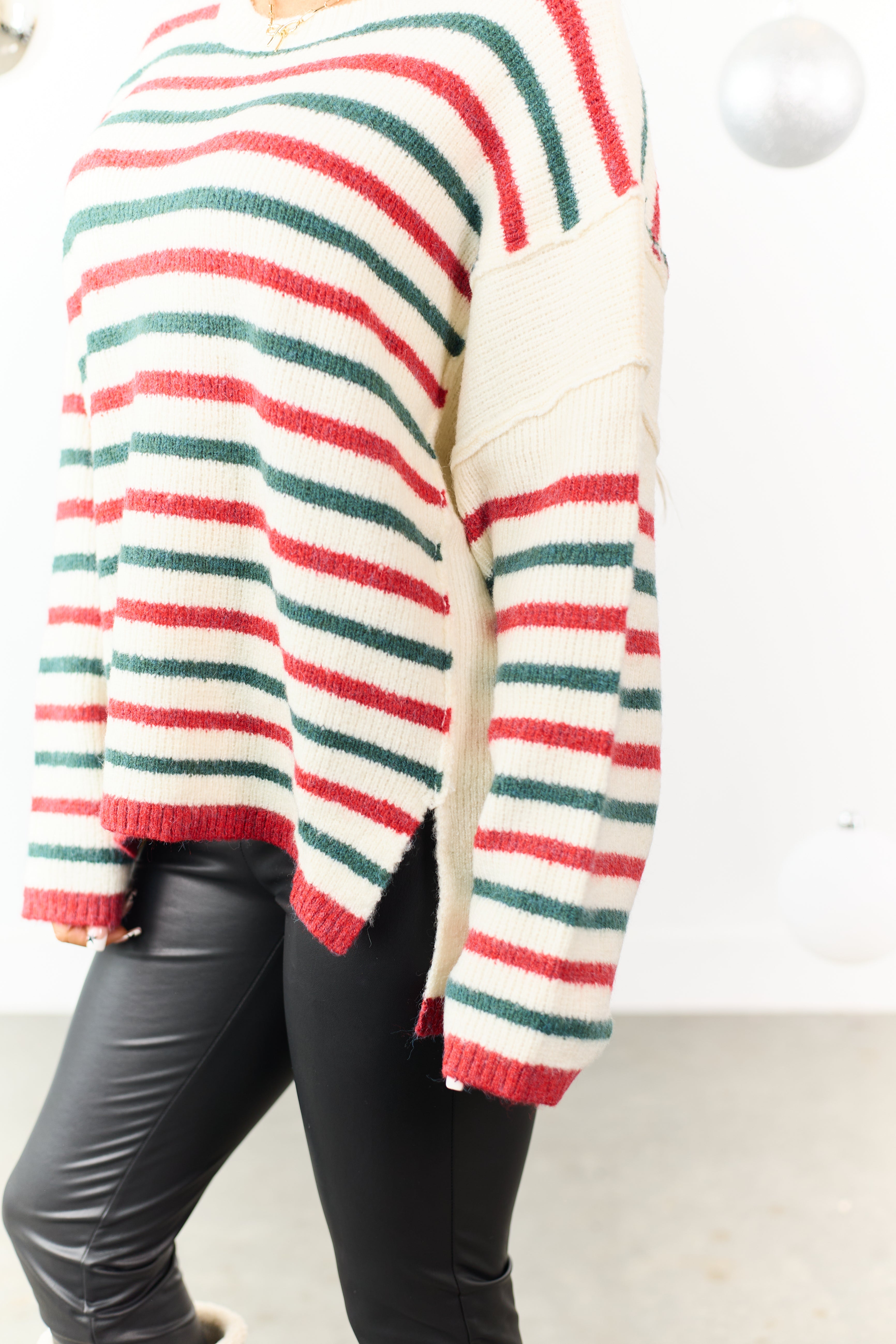 Cream Holiday Striped Wool Blend Knit Sweater