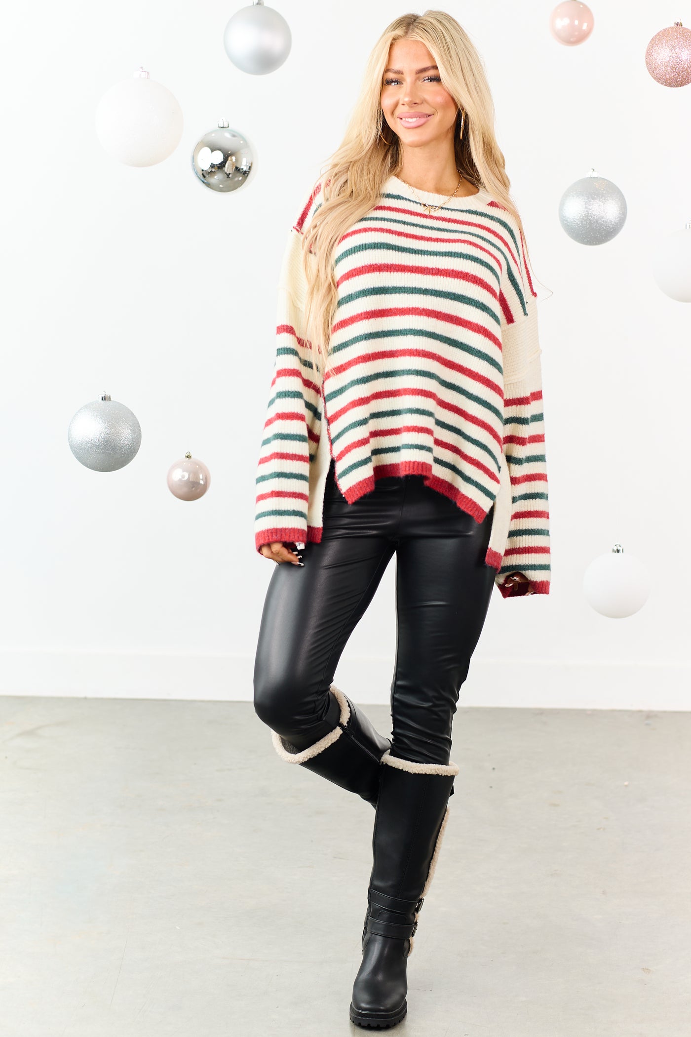 Cream Holiday Striped Wool Blend Knit Sweater