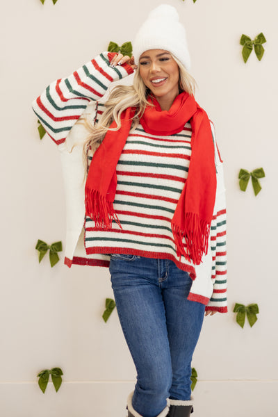 Cream Holiday Striped Wool Blend Knit Sweater