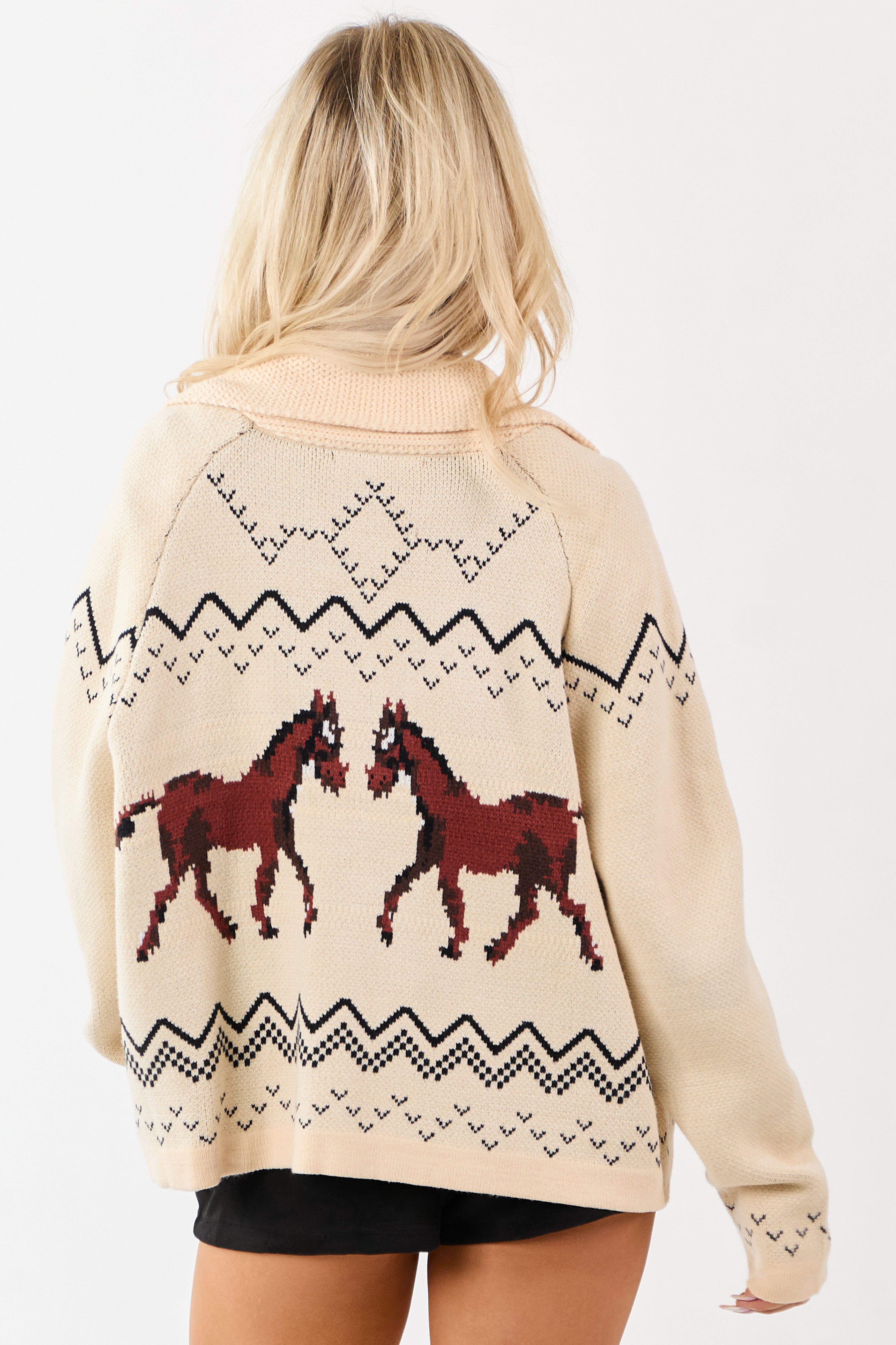 Cream Horse Print Open Front Knit Cardigan