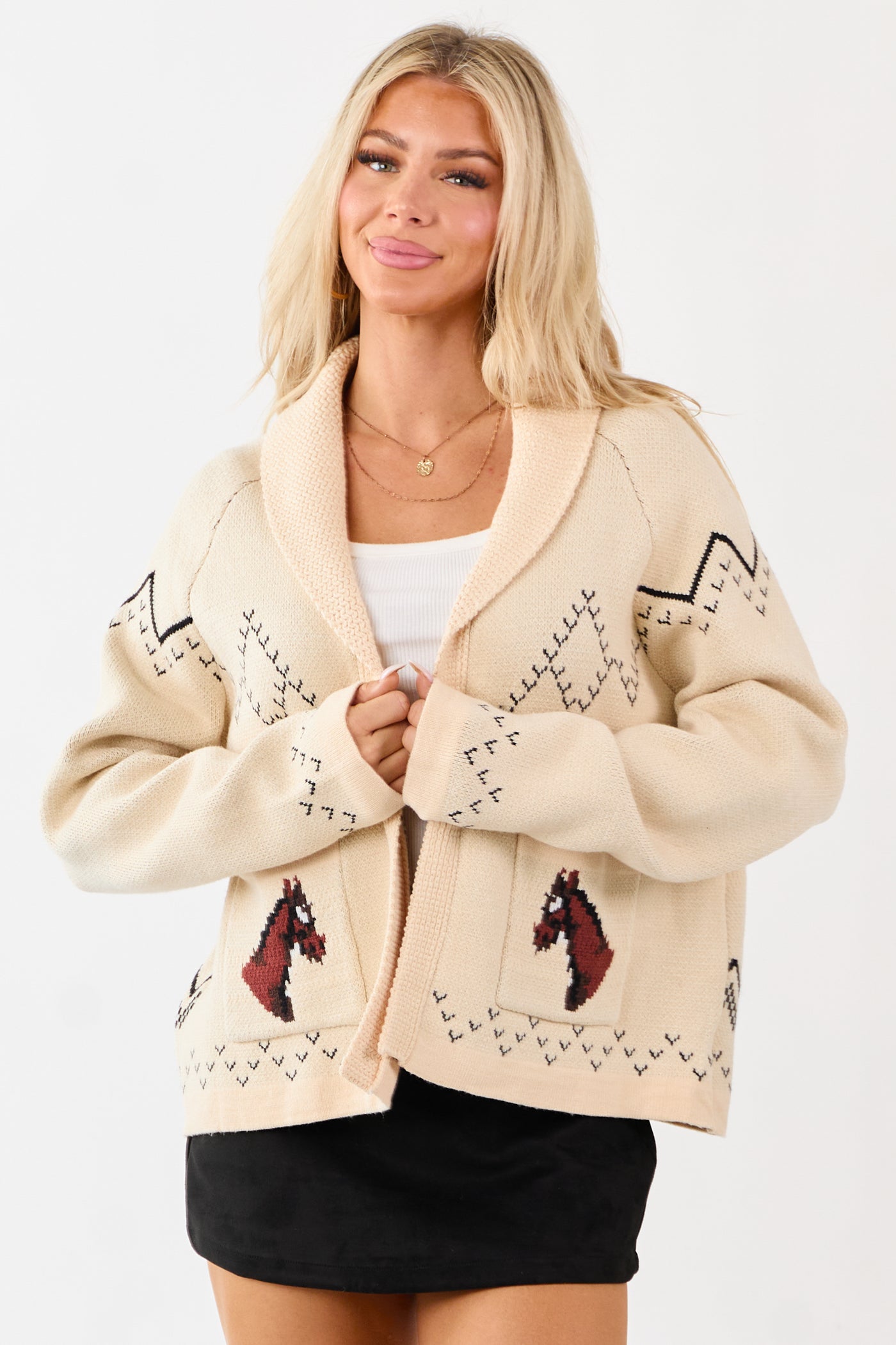 Cream Horse Print Open Front Knit Cardigan