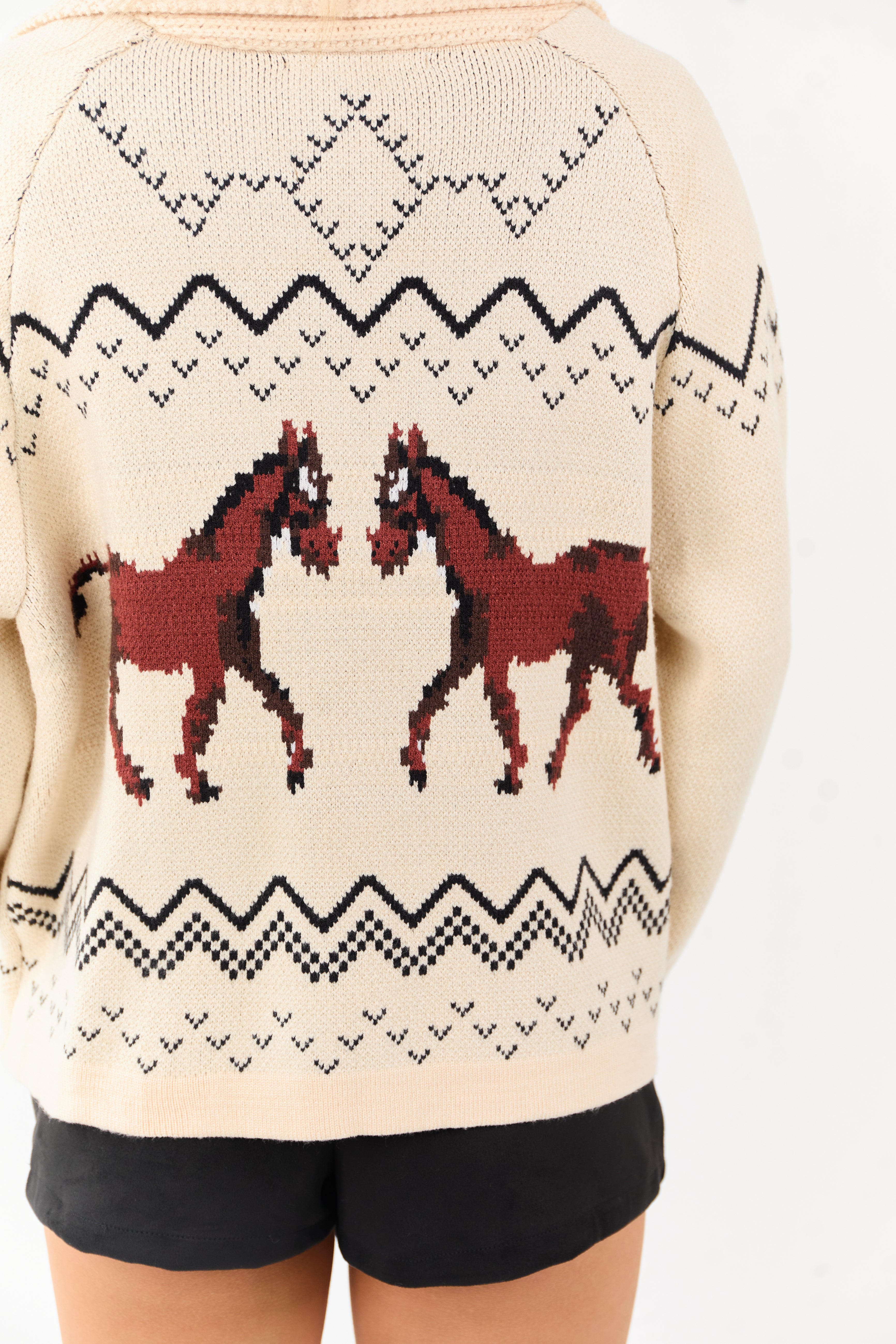 Cream Horse Print Open Front Knit Cardigan