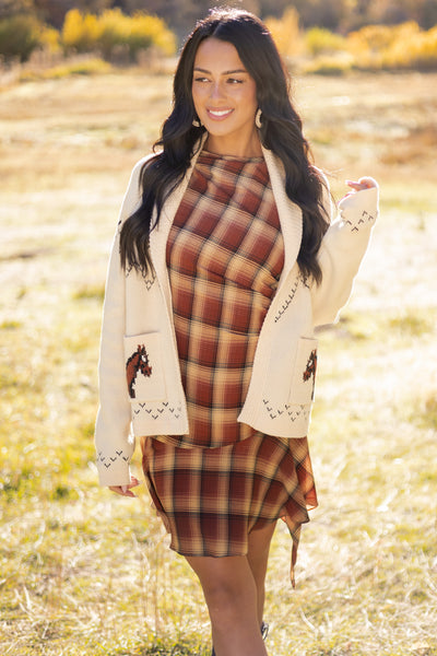 Cream Horse Print Open Front Knit Cardigan