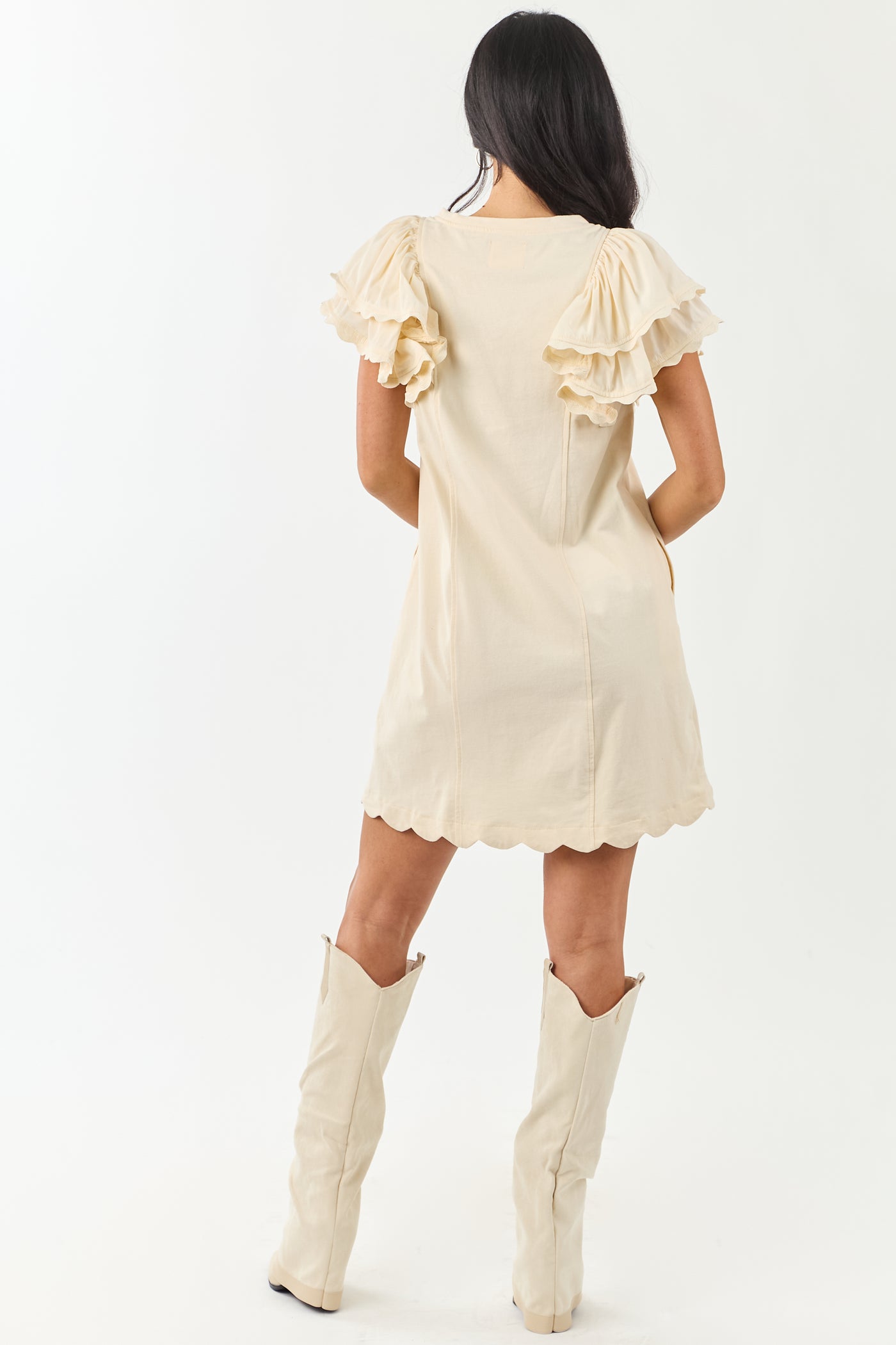 Cream Jersey Knit Scallop Hem Cotton Mini Dress