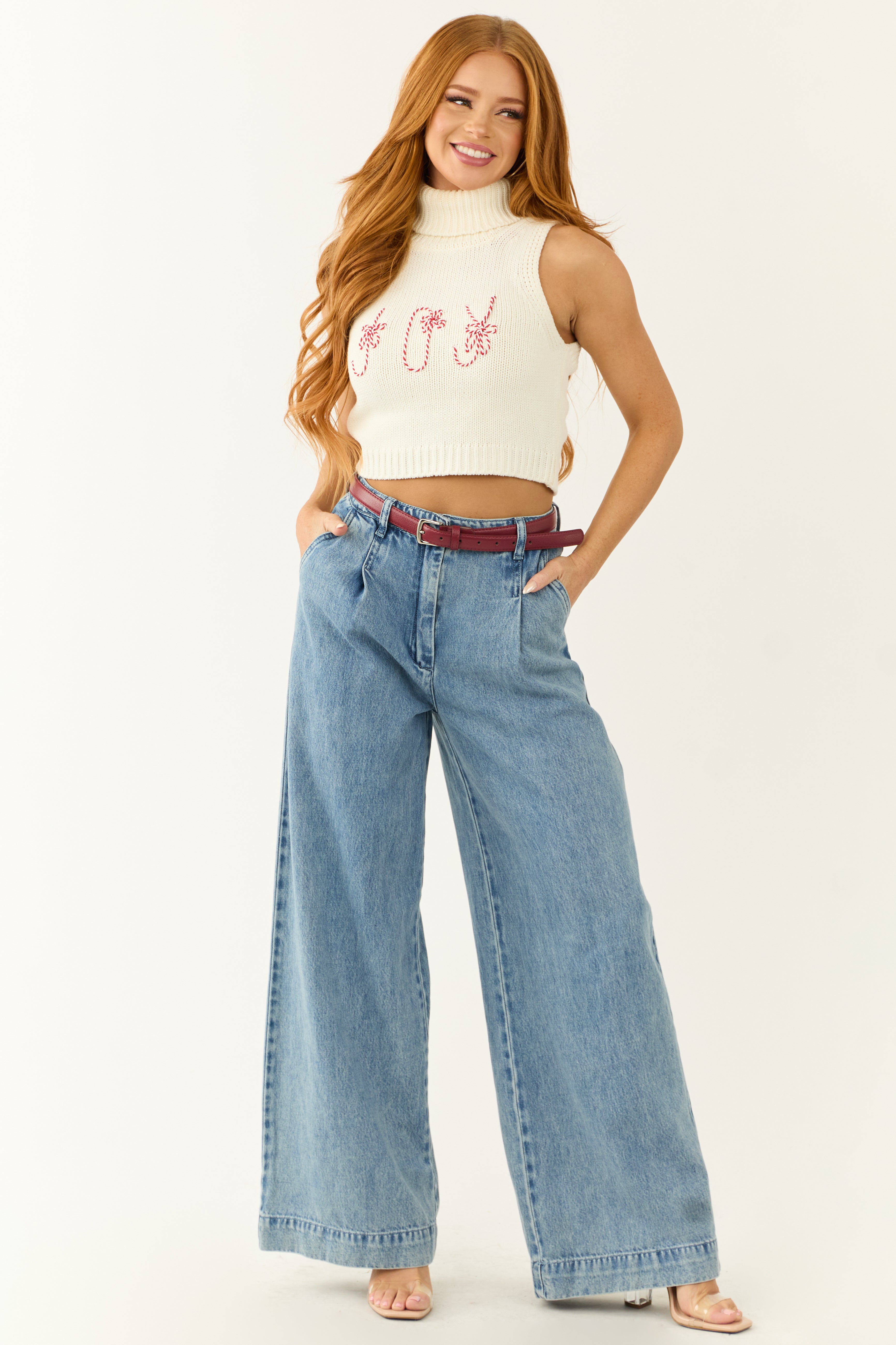 Cream 'Joy' Graphic Turtleneck Crop Tank Top | Lime Lush Boutique