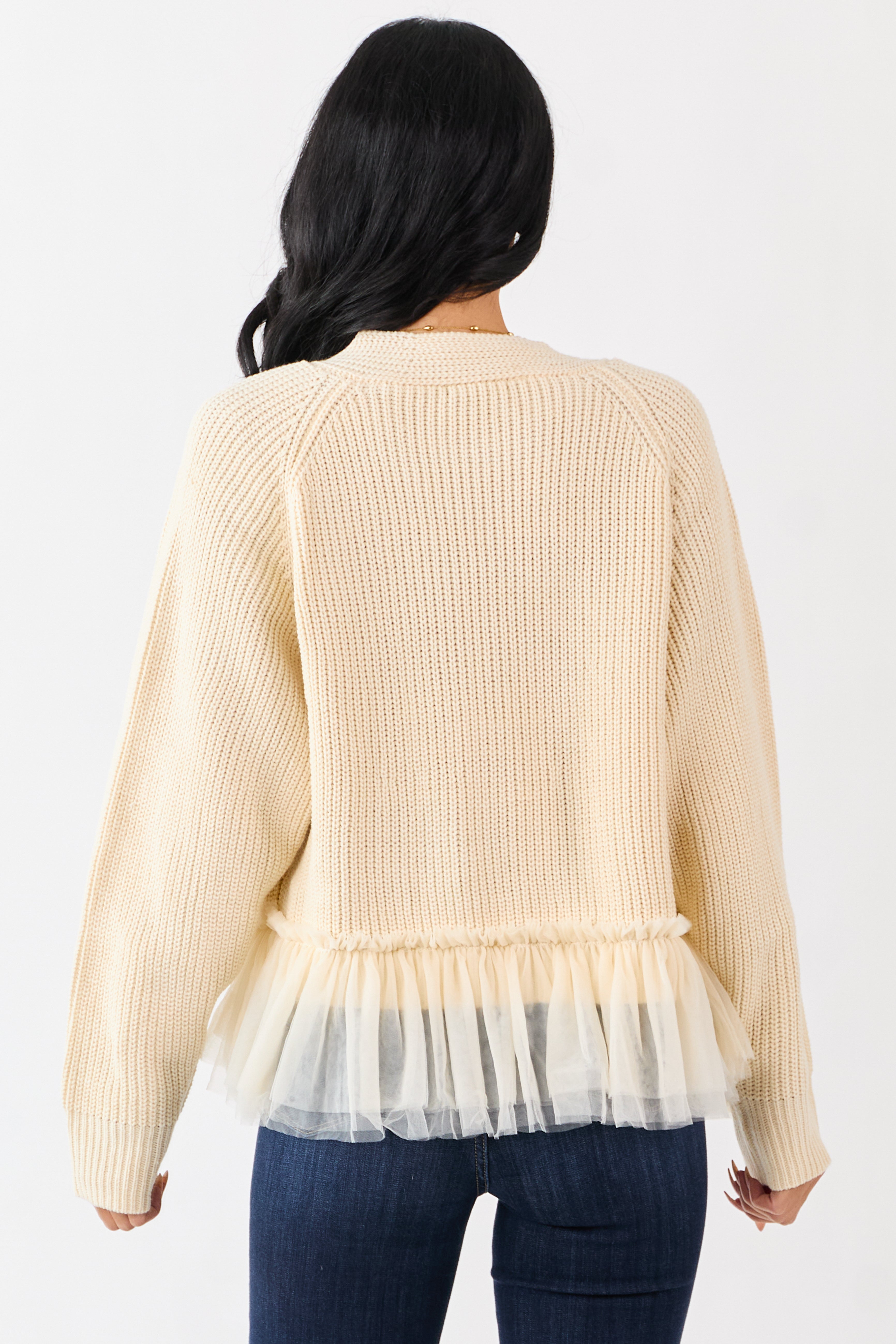 Cream Knit Open Front Tulle Ruffle Hem Cardigan | Lime Lush Boutique