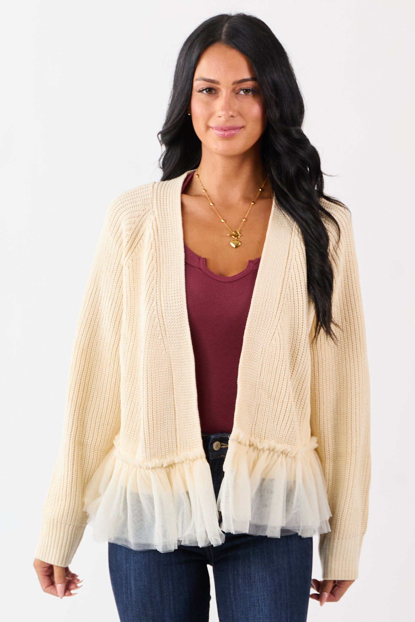 Cream Knit Open Front Tulle Ruffle Hem Cardigan