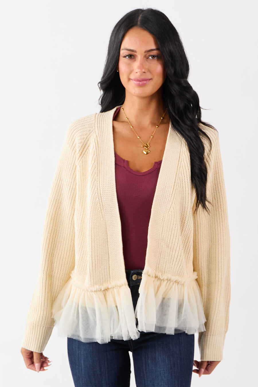 Cream Knit Open Front Tulle Ruffle Hem Cardigan