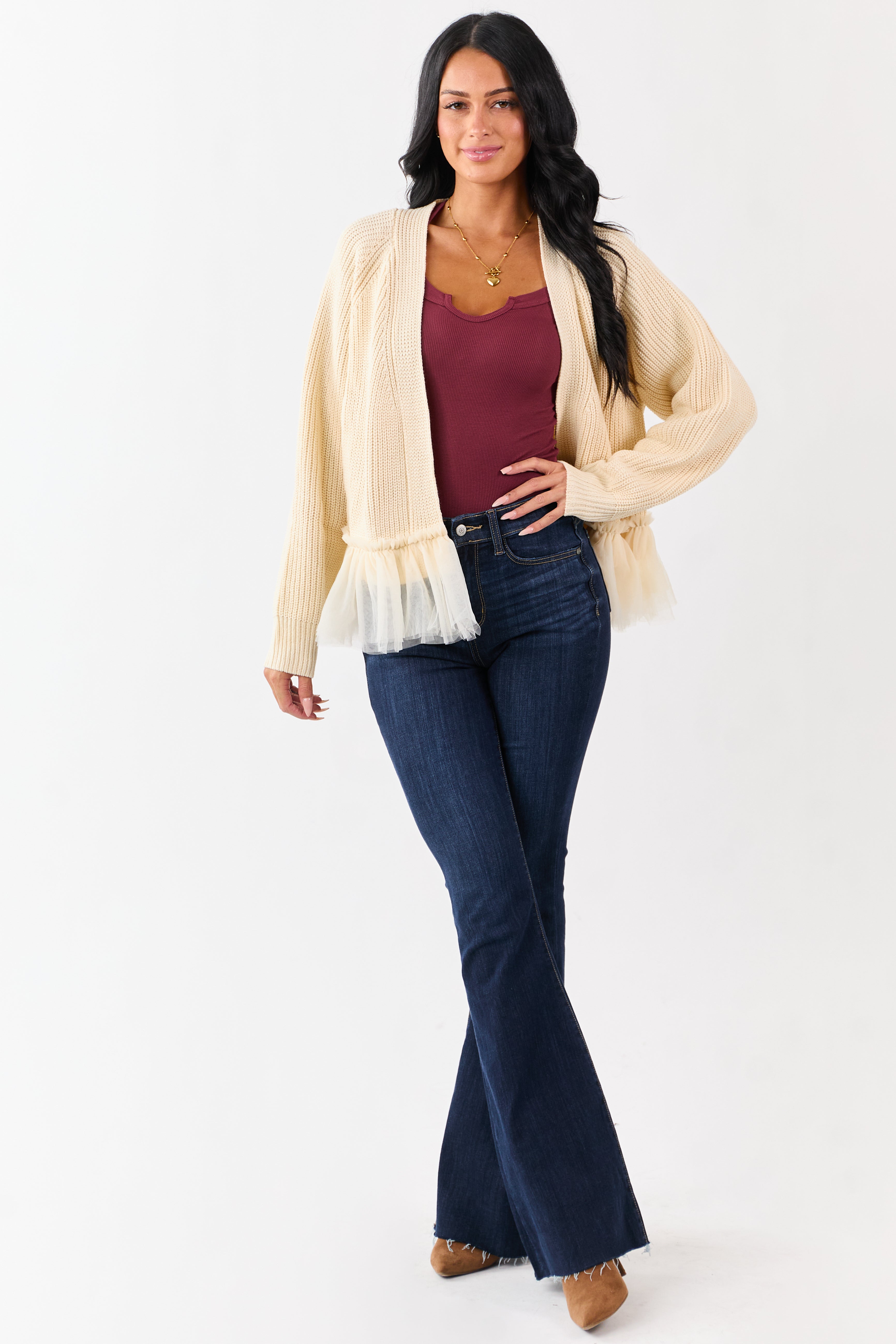 Cream Knit Open Front Tulle Ruffle Hem Cardigan | Lime Lush Boutique