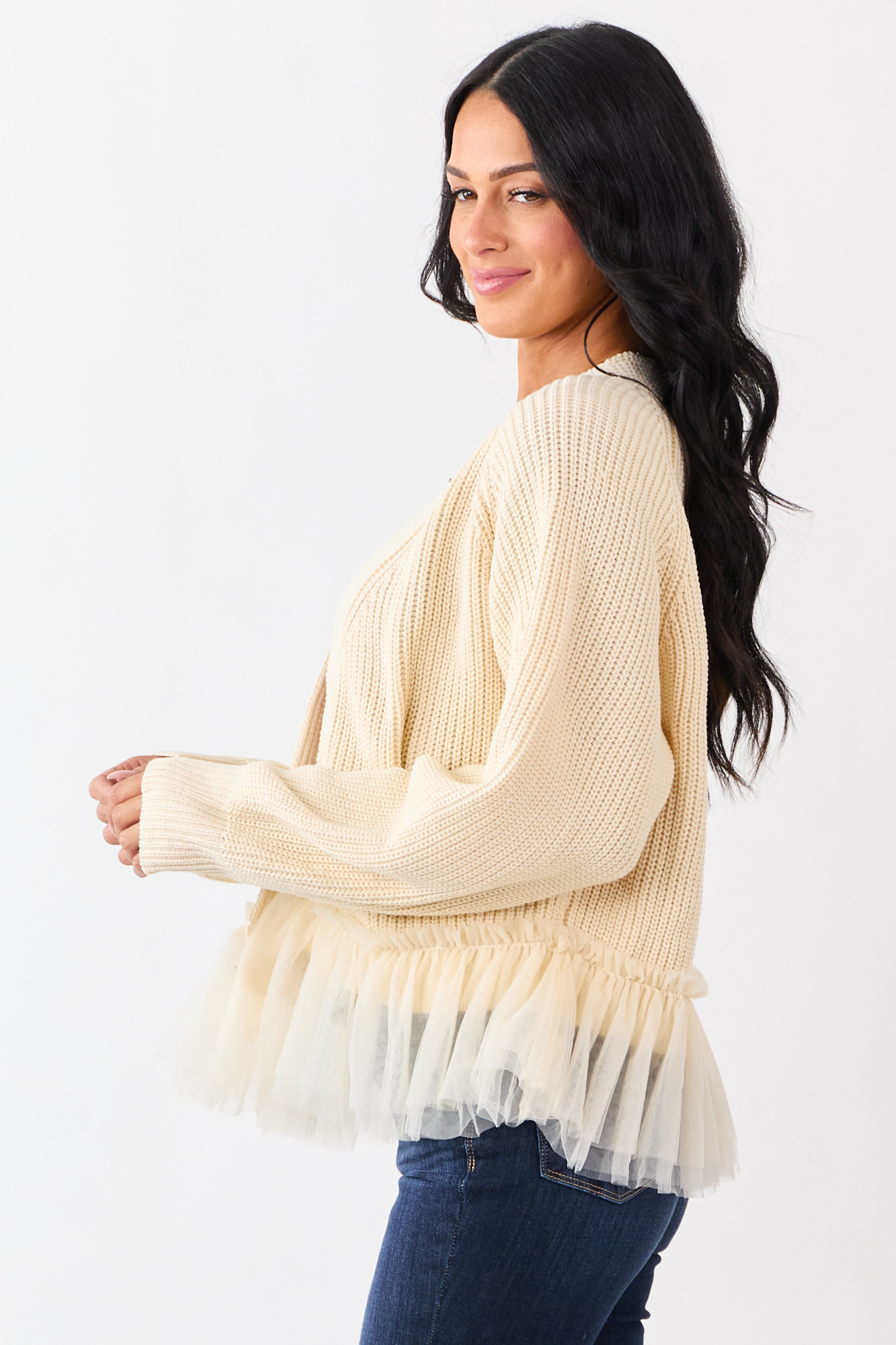 Cream Knit Open Front Tulle Ruffle Hem Cardigan | Lime Lush Boutique