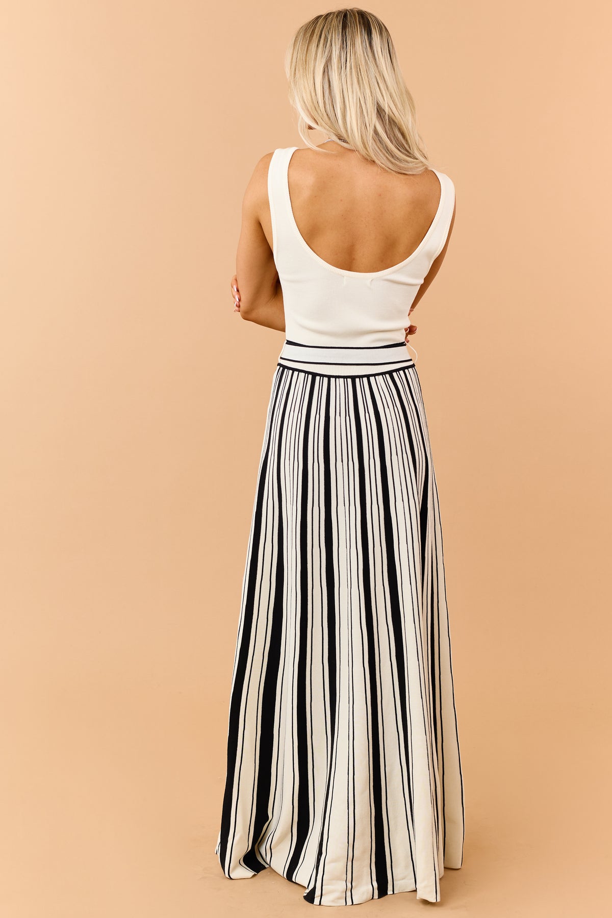 Cream Knit Scoop Neck Striped Contrast Maxi Dress