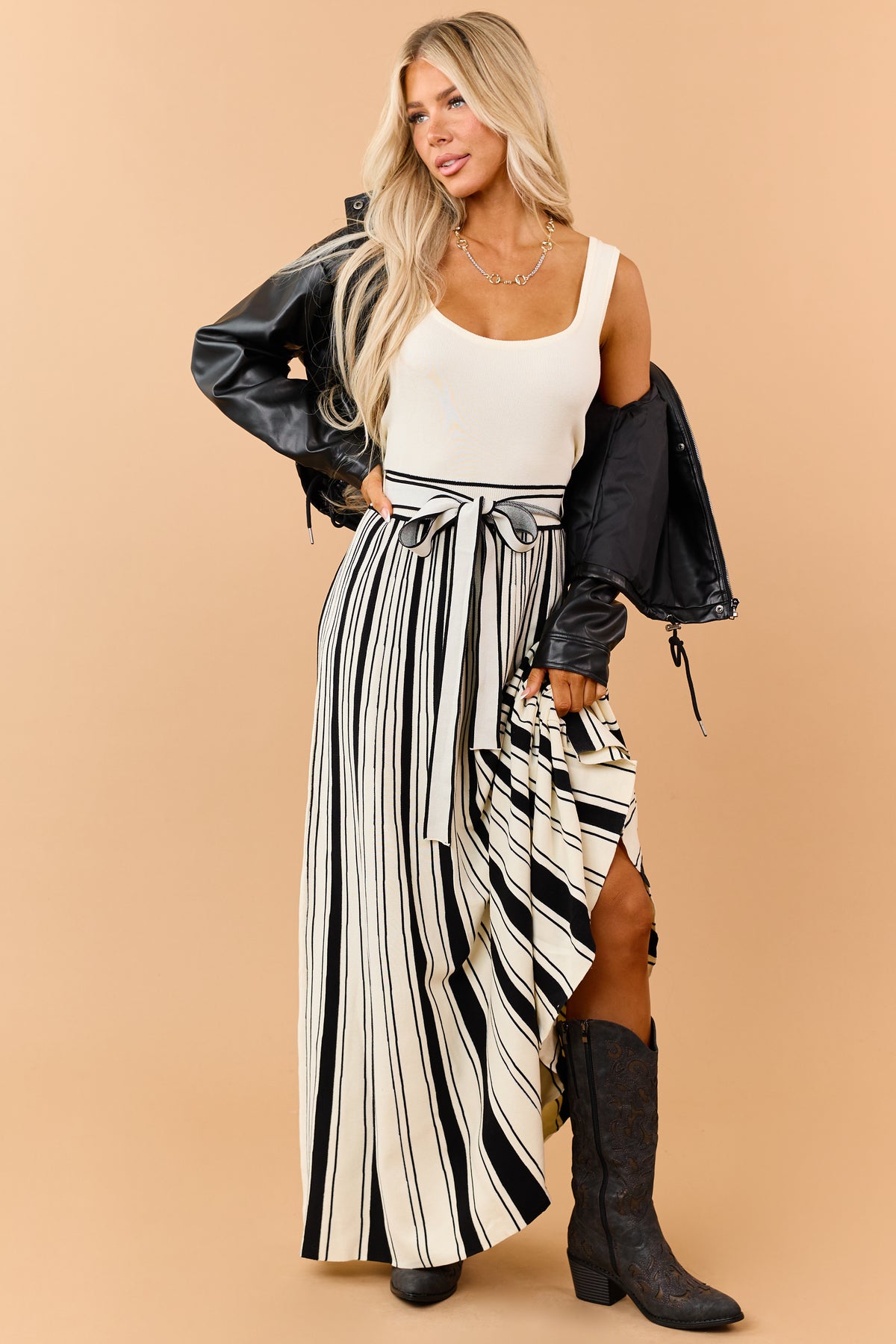 Cream Knit Scoop Neck Striped Contrast Maxi Dress