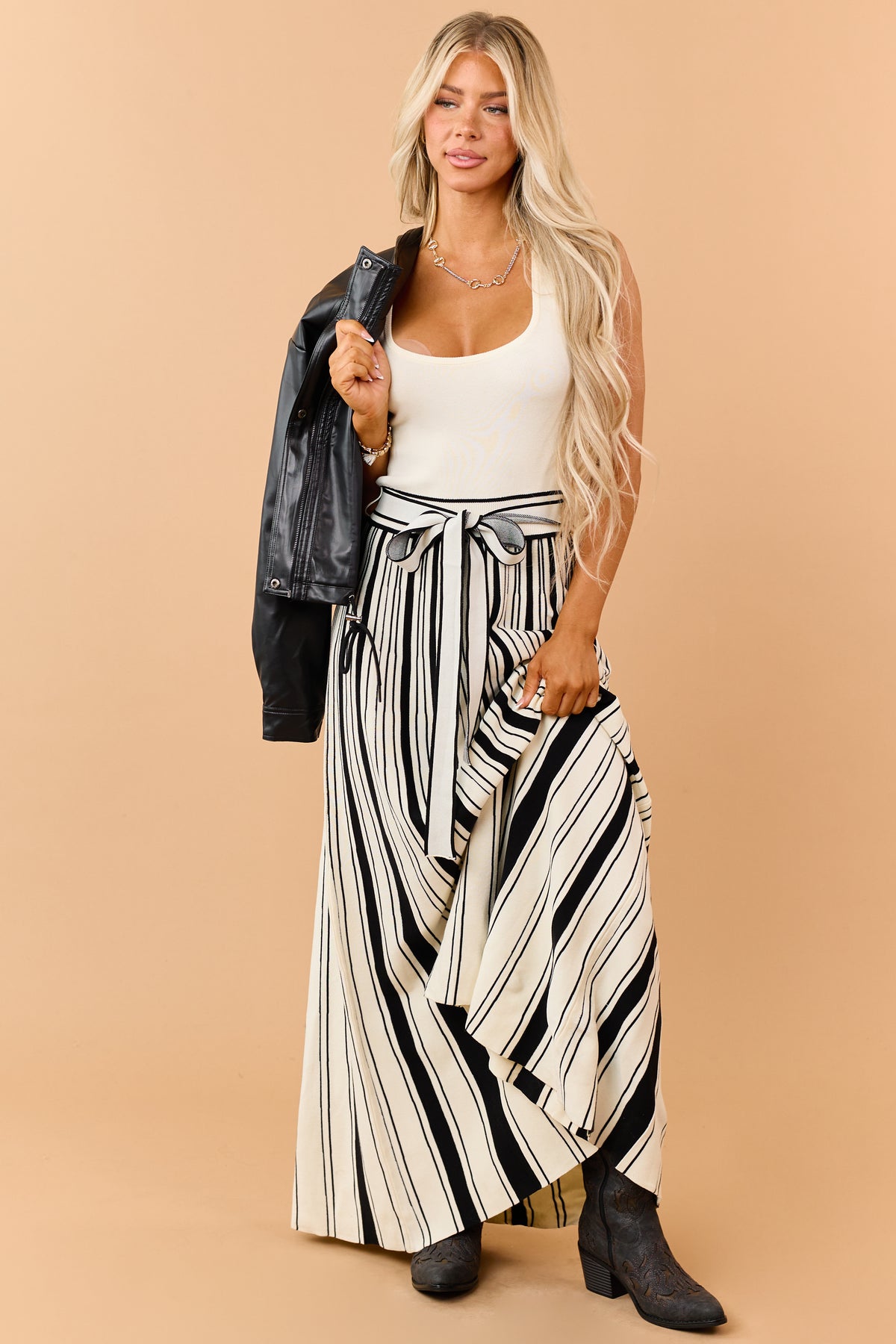 Cream Knit Scoop Neck Striped Contrast Maxi Dress
