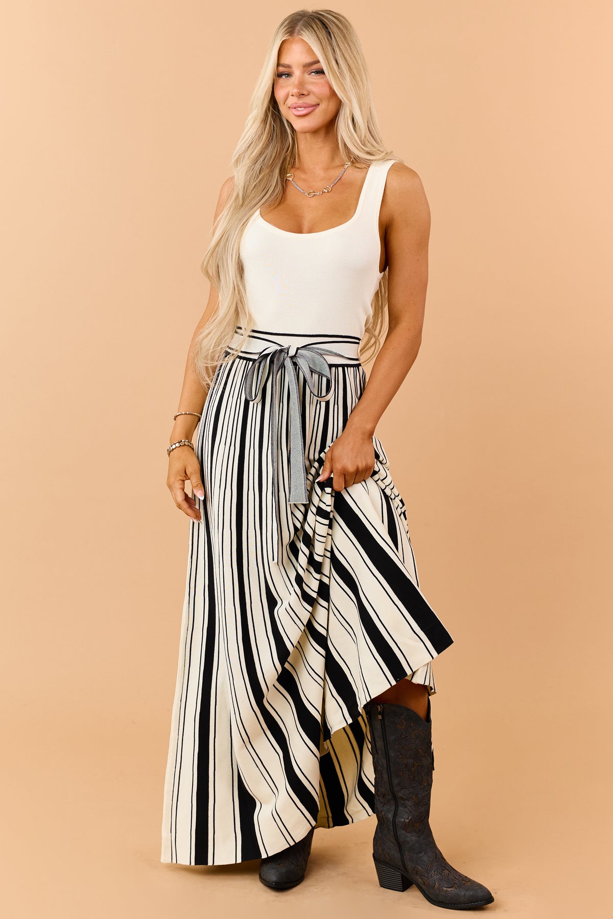 Cream Knit Scoop Neck Striped Contrast Maxi Dress