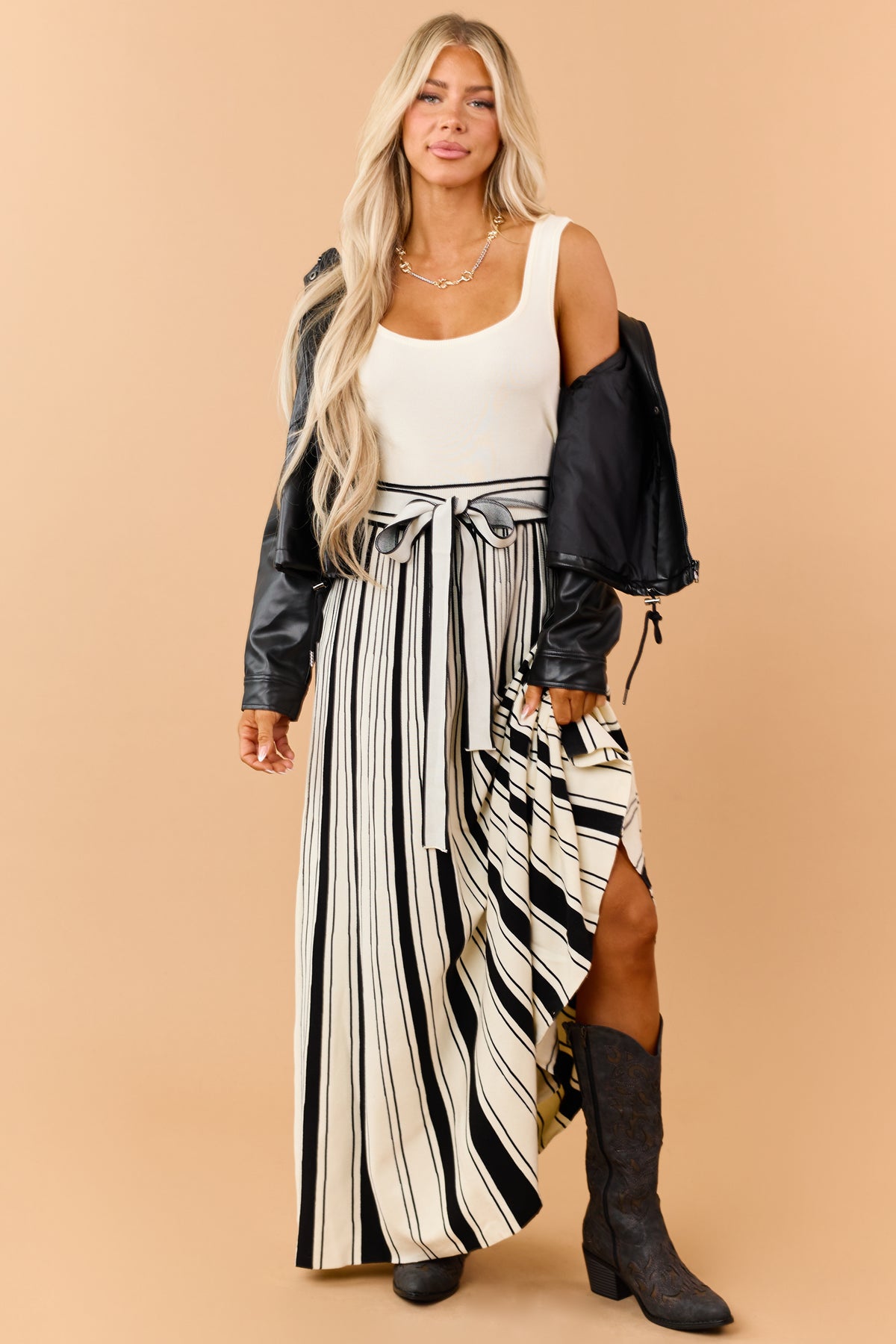 Cream Knit Scoop Neck Striped Contrast Maxi Dress