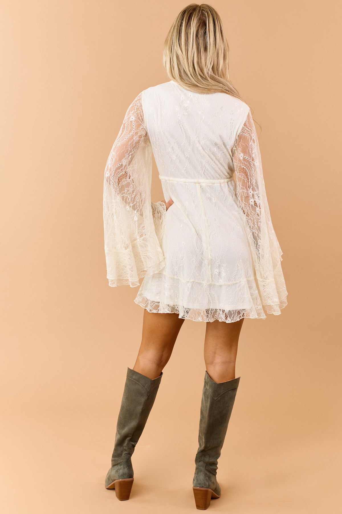 Cream Lace Babydoll Cinch Waist Deep V Mini Dress