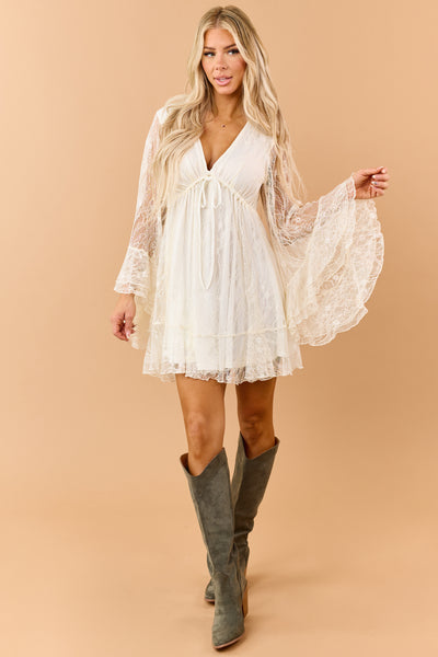 Cream Lace Babydoll Cinch Waist Deep V Mini Dress
